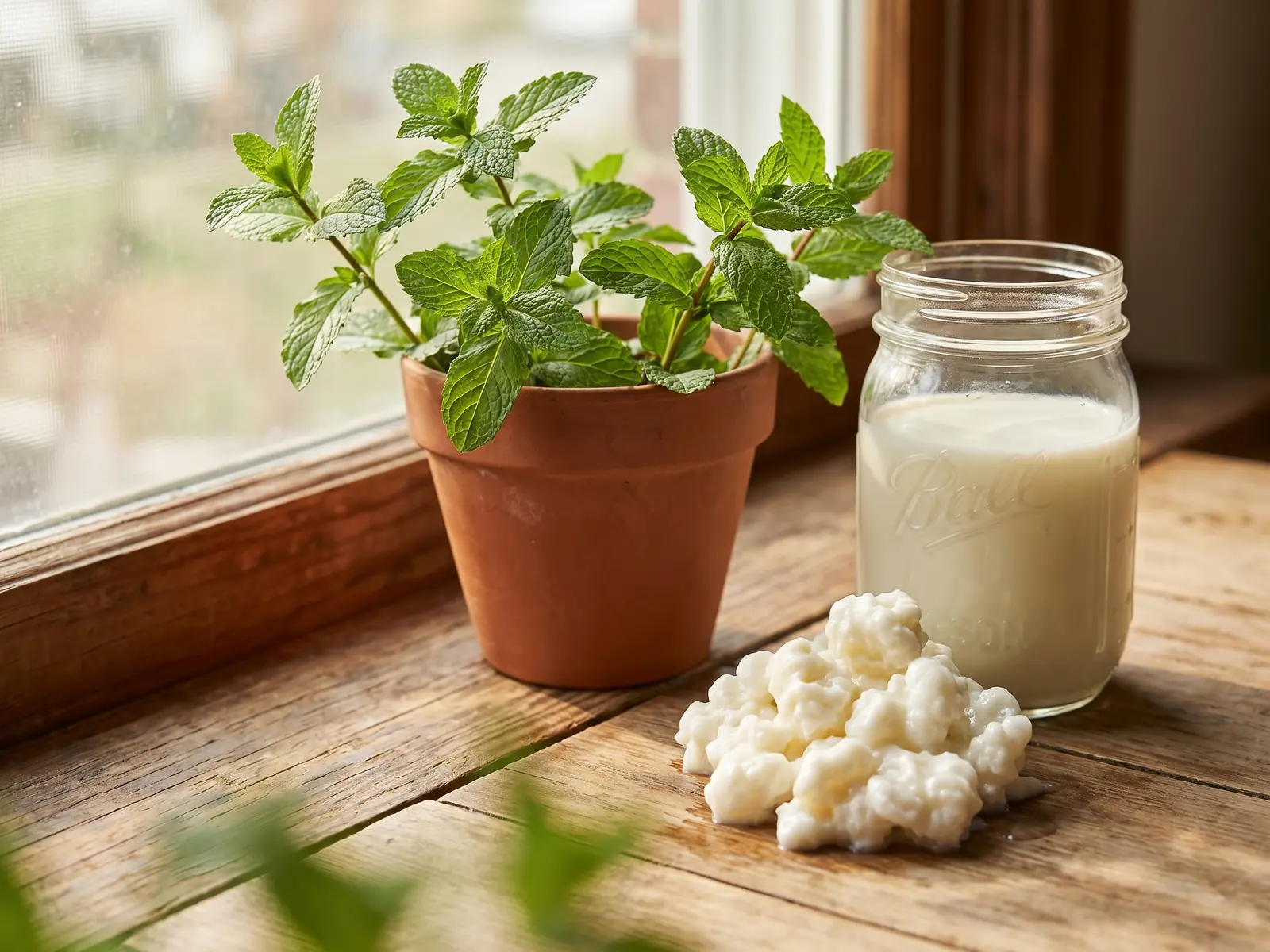 Bocal de k&eacute;fir de lait avec grains sur un rebord de fen&ecirc;tre, pr&egrave;s d&rsquo;une menthe aux ombres douces.