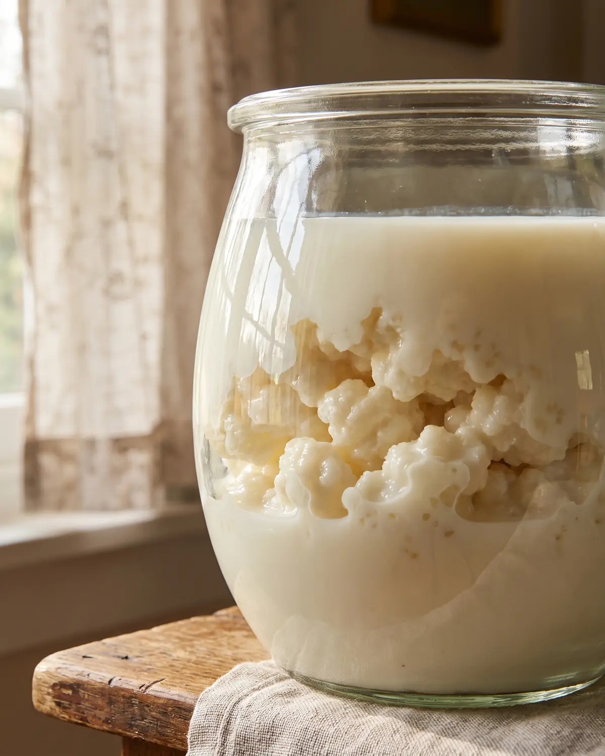 Bocal de k&eacute;fir de lait cr&eacute;meux avec grains visibles &agrave; travers le verre et reflet de rideau.