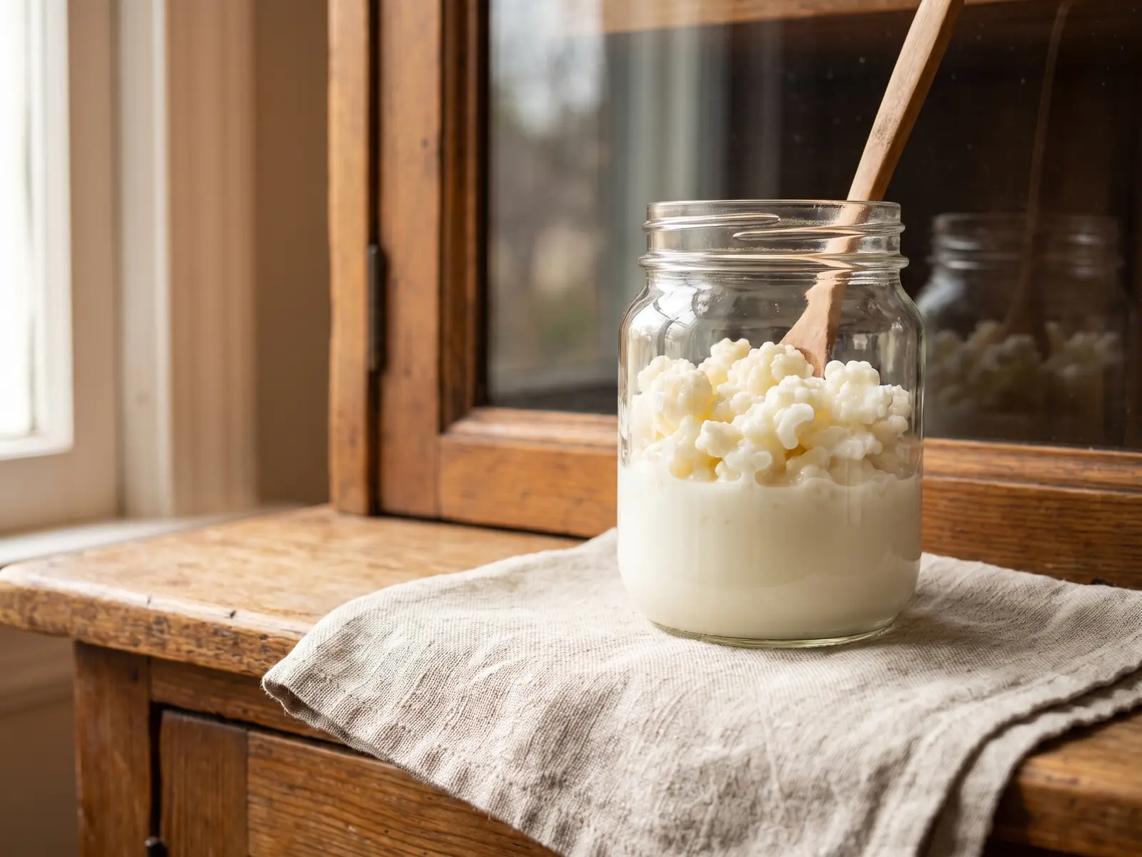 kefir comment le conserver Bocal de kéfir avec grains visibles, reflété dans le verre d’un vaisselier près d’un linge en lin brut.