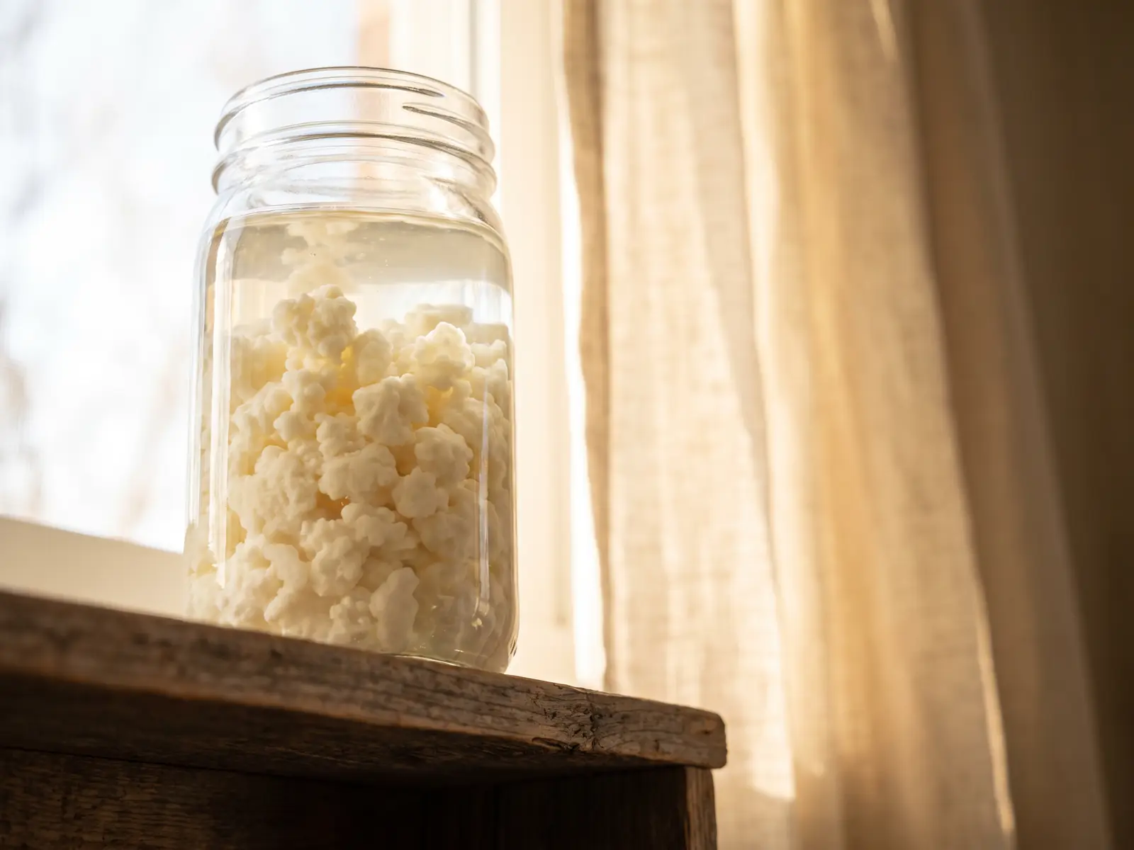 Bocal de k&eacute;fir de lait avec grains visibles, pos&eacute; devant un rideau de lin &eacute;clair&eacute; par la lumi&egrave;re naturelle.