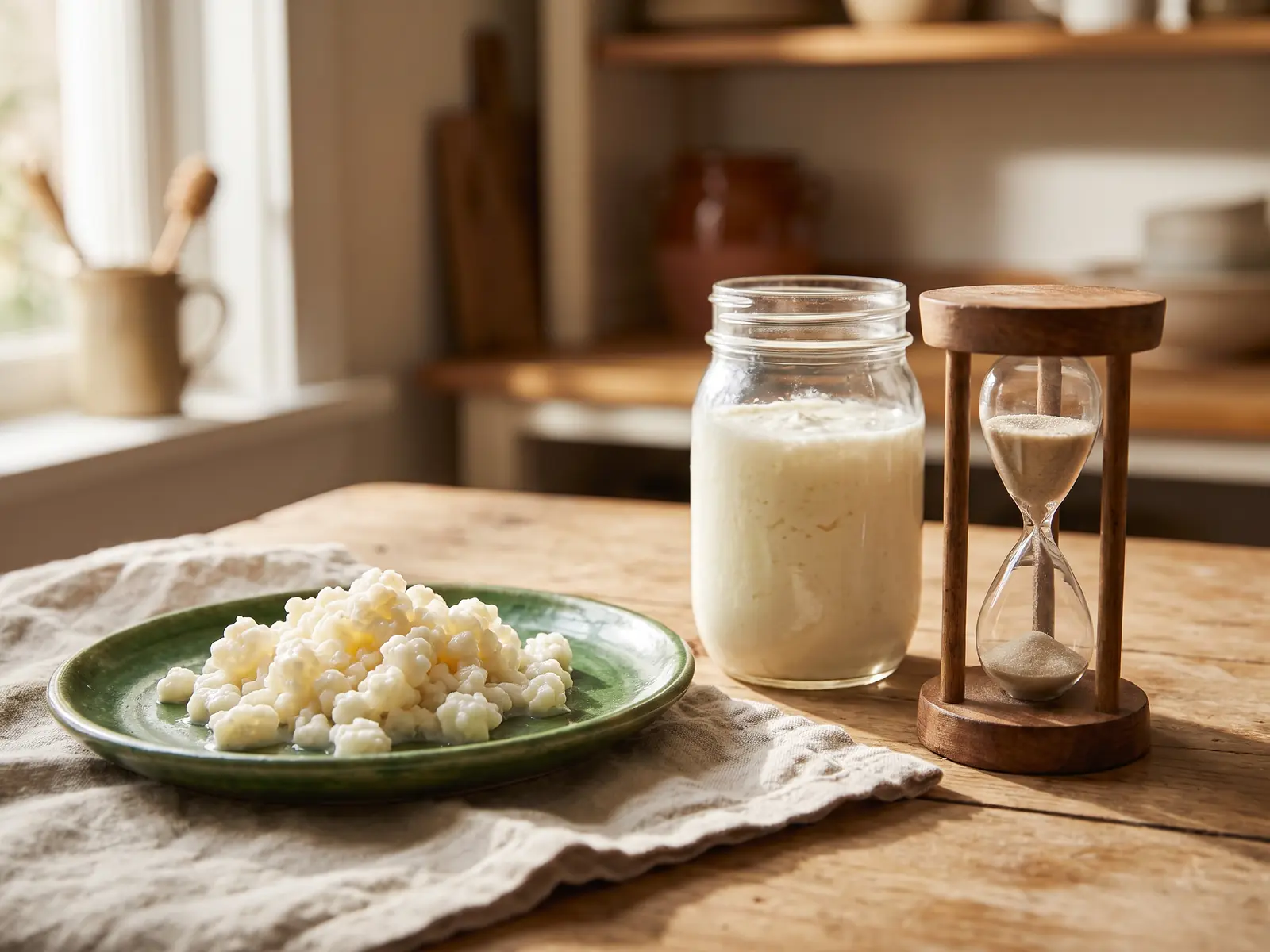 Sablier en bois pr&egrave;s d&rsquo;un bocal de k&eacute;fir de lait, des grains sur assiette verte et du lin.
