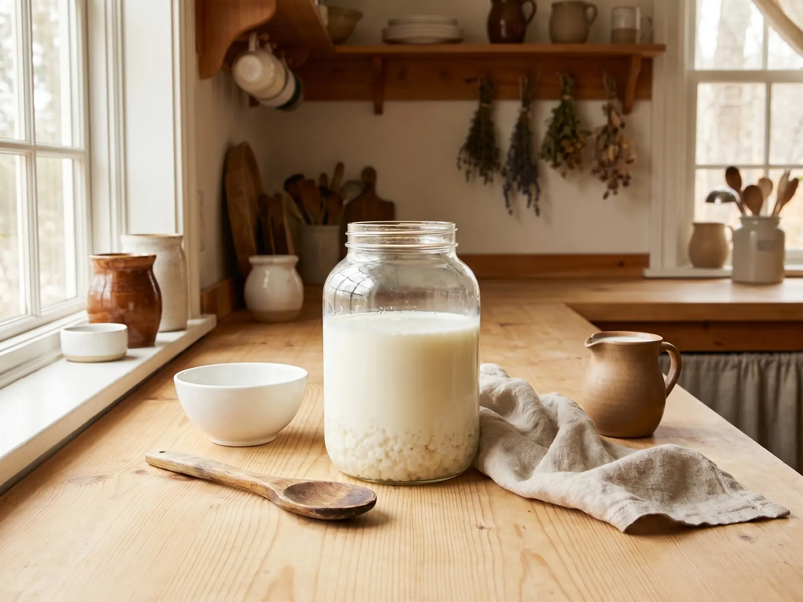 Bocal de k&eacute;fir de lait dans une cuisine, avec un bol, une cuill&egrave;re et une jarre de lait frais.