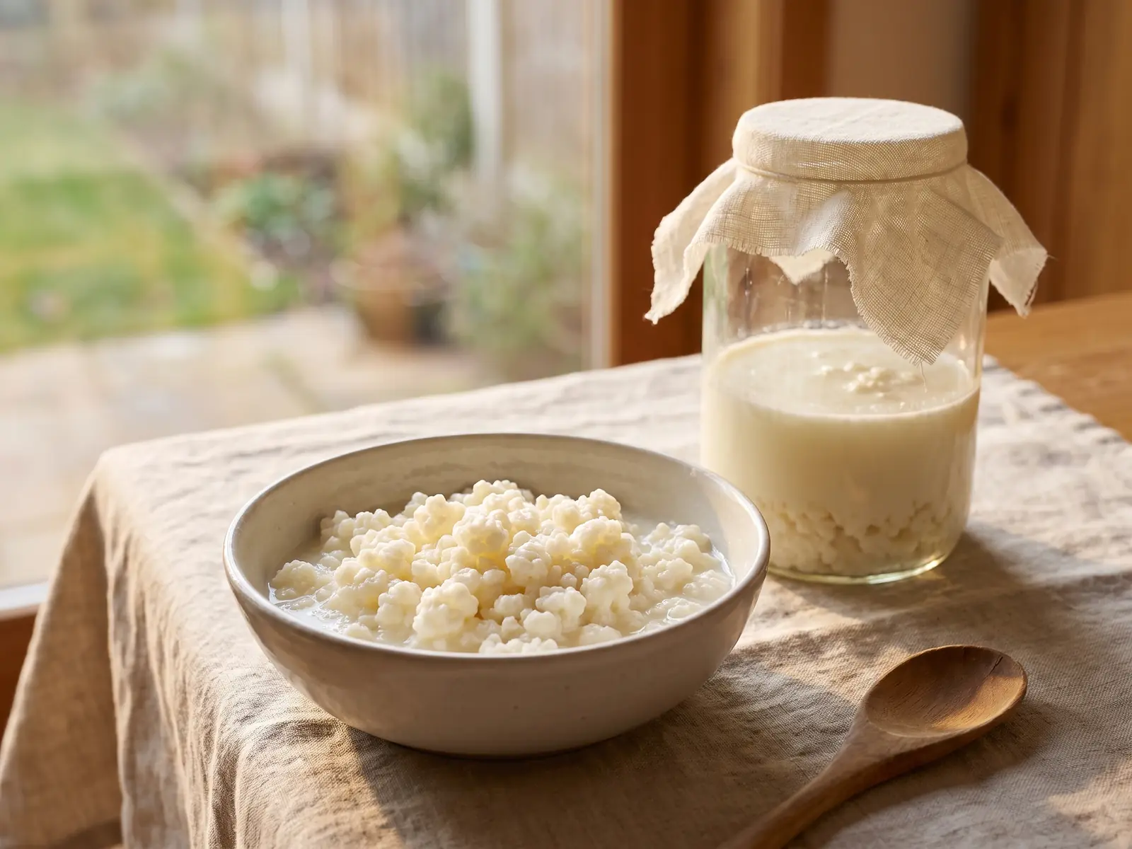 kefir halal Bocal de kéfir en fermentation près d’une fenêtre, avec un bol de grains humides sur une table en lin.