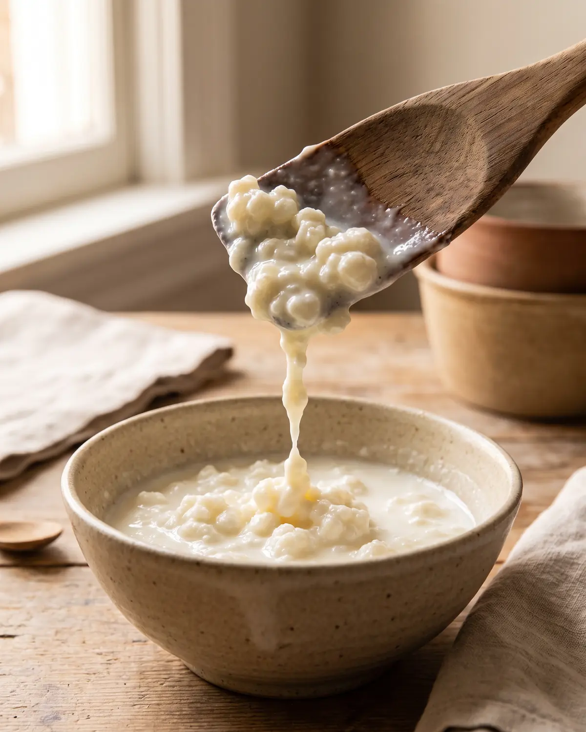 dysbiose de fermentation traitement Kéfir de lait épais étiré par une spatule en bois, formant un fil court sur une céramique beige.