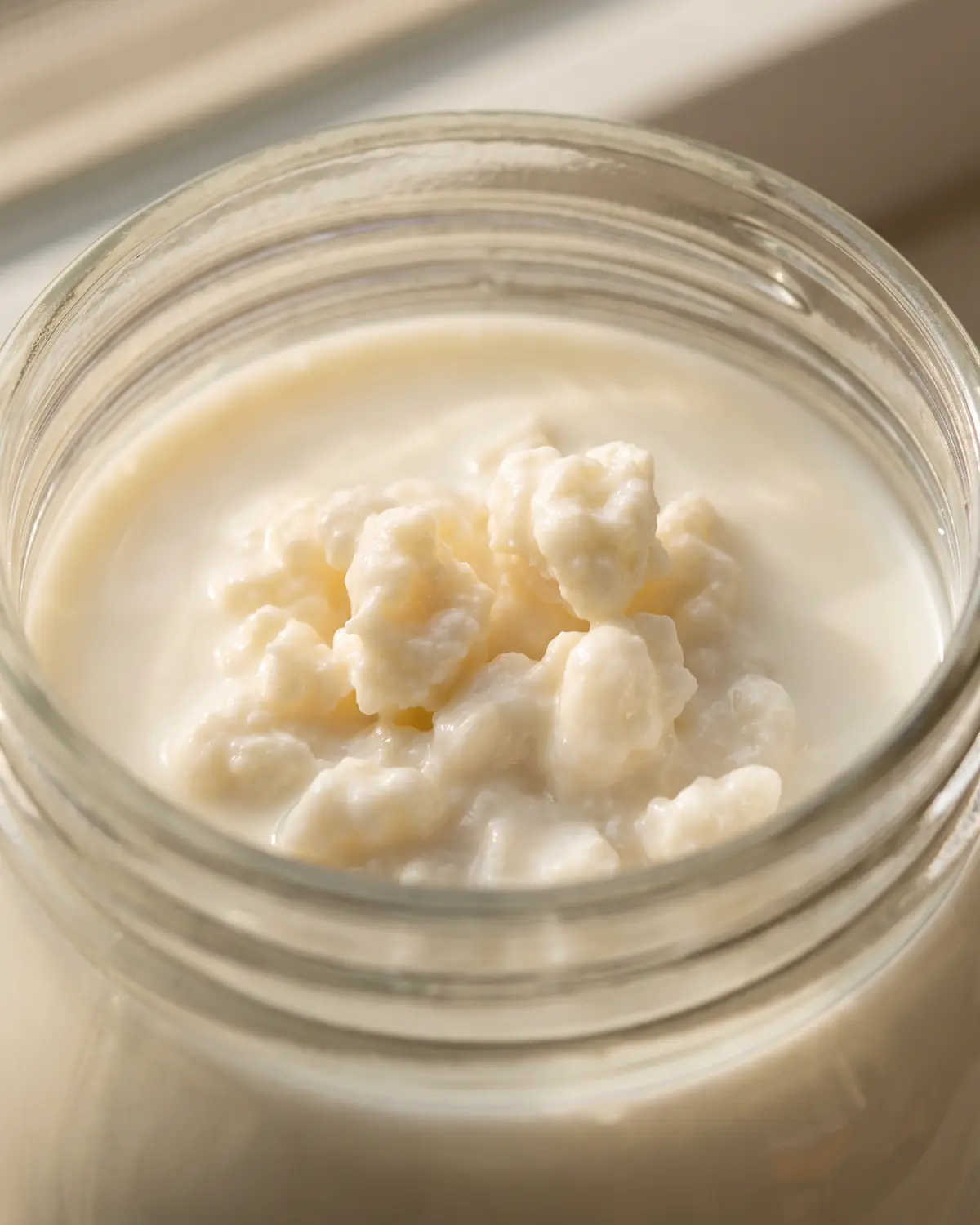 kefir hena Vue rapprochée d’un bocal où des grains de kéfir sont regroupés sous une surface de lait calme.