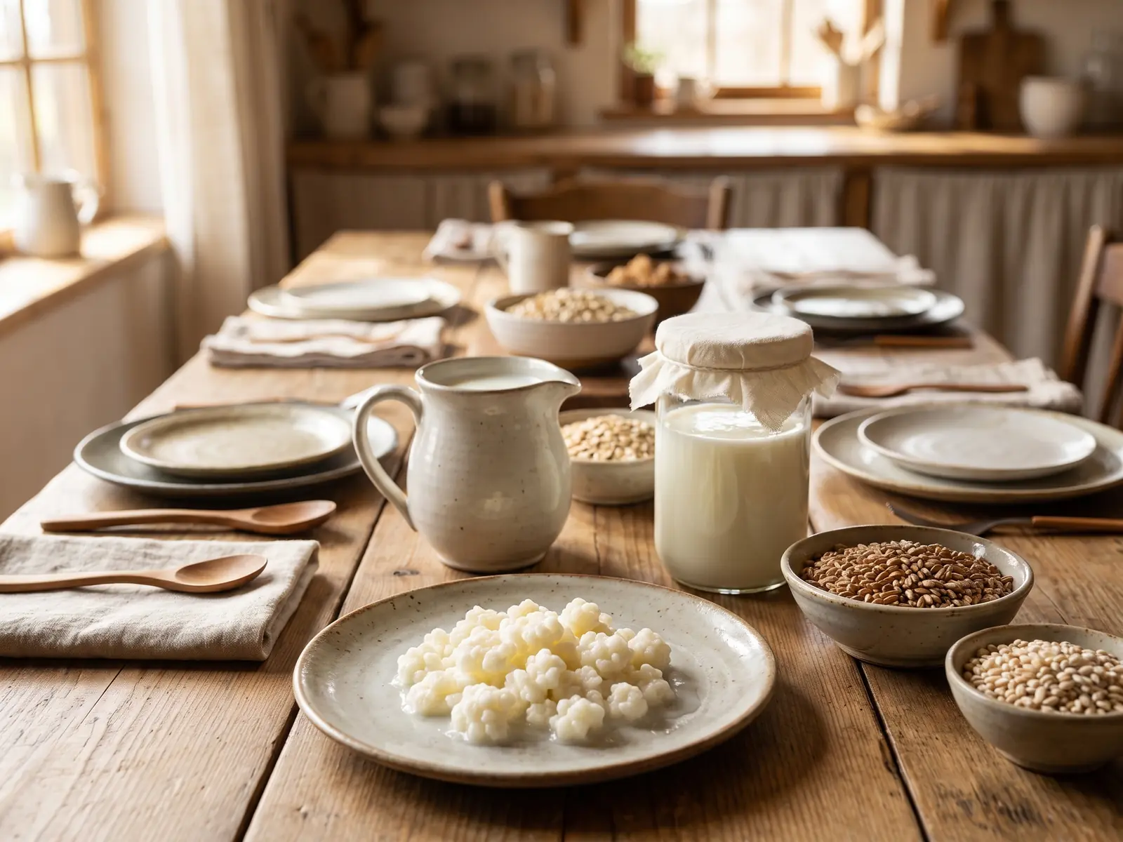 Table de d&eacute;jeuner avec jarre de lait, bocal de k&eacute;fir et grains pr&ecirc;ts pour une fermentation maison.