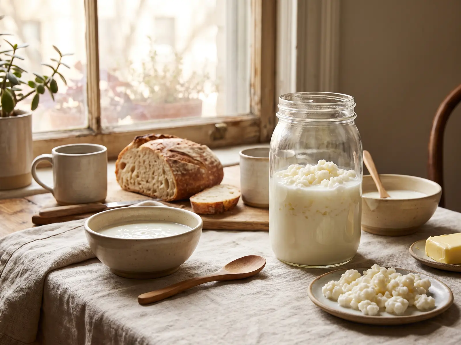 Table de petit-d&eacute;jeuner avec bocal de k&eacute;fir au lait, grains visibles, c&eacute;ramique beige et lumi&egrave;re douce.