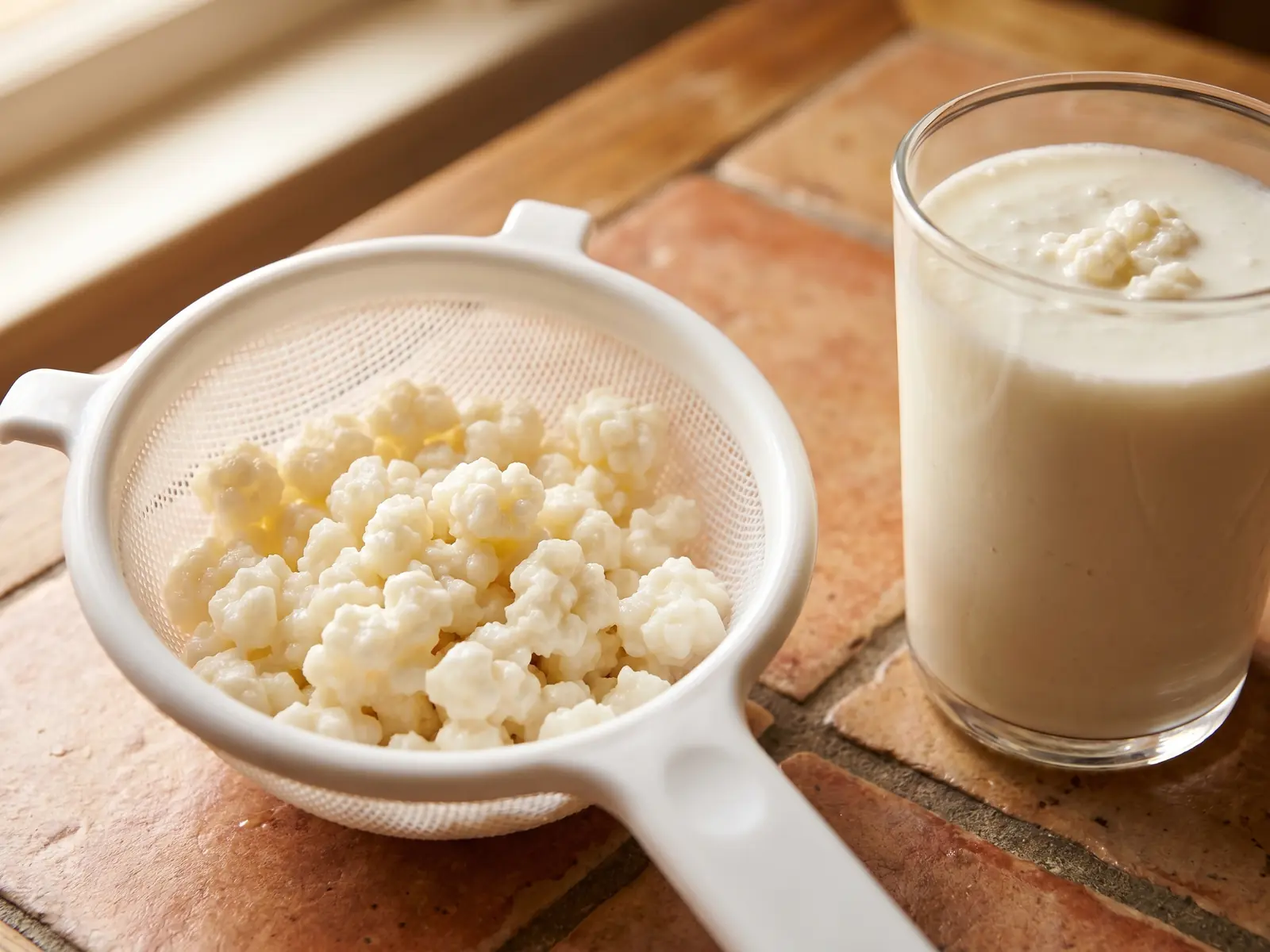 Grains de k&eacute;fir &eacute;goutt&eacute;s dans une passoire blanche, avec un verre de k&eacute;fir pr&ecirc;t &agrave; c&ocirc;t&eacute;.