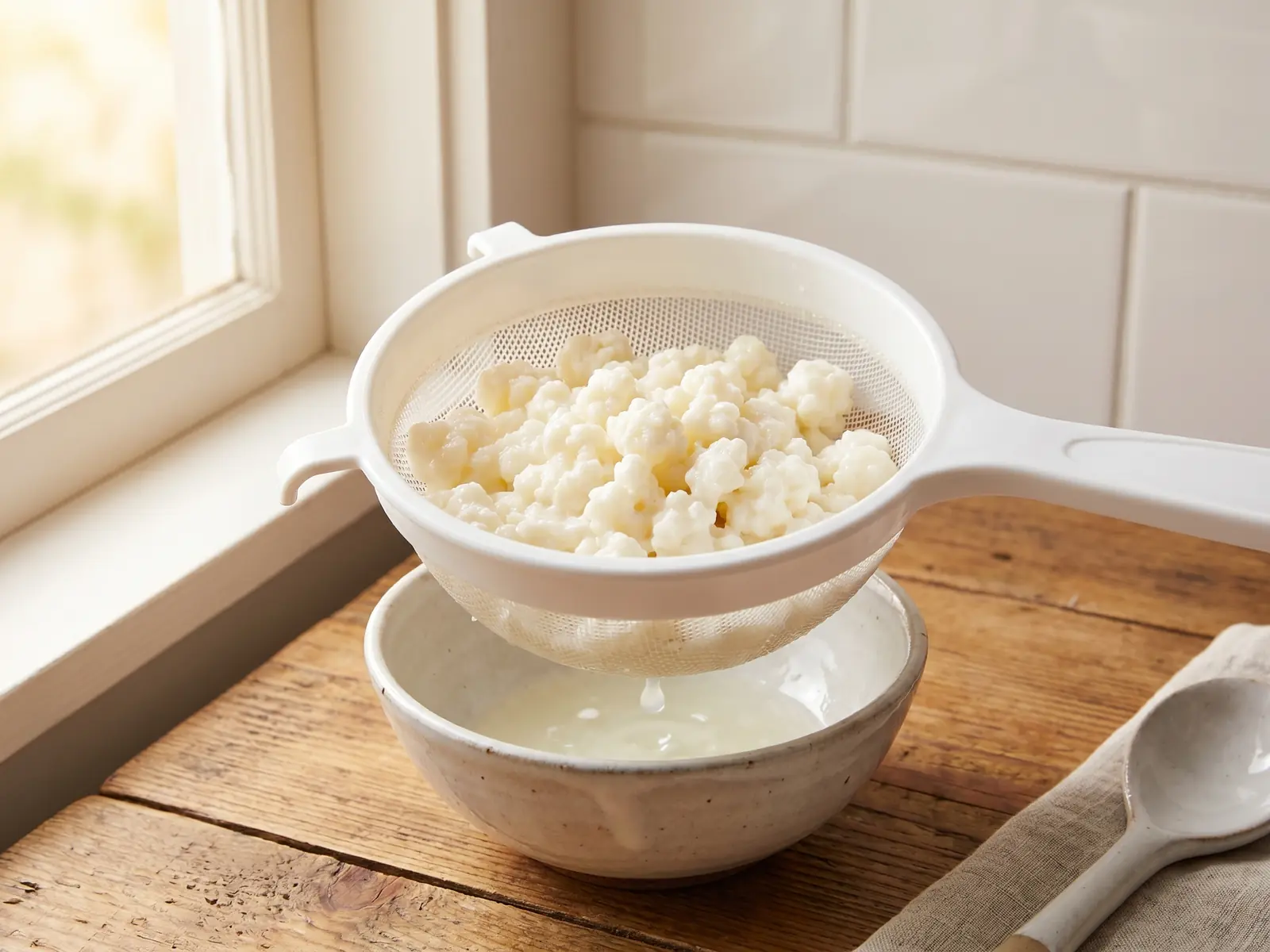 Grains de k&eacute;fir de lait blanc cr&egrave;me dans un tamis en plastique, pos&eacute;s au-dessus d&rsquo;un bol en c&eacute;ramique.