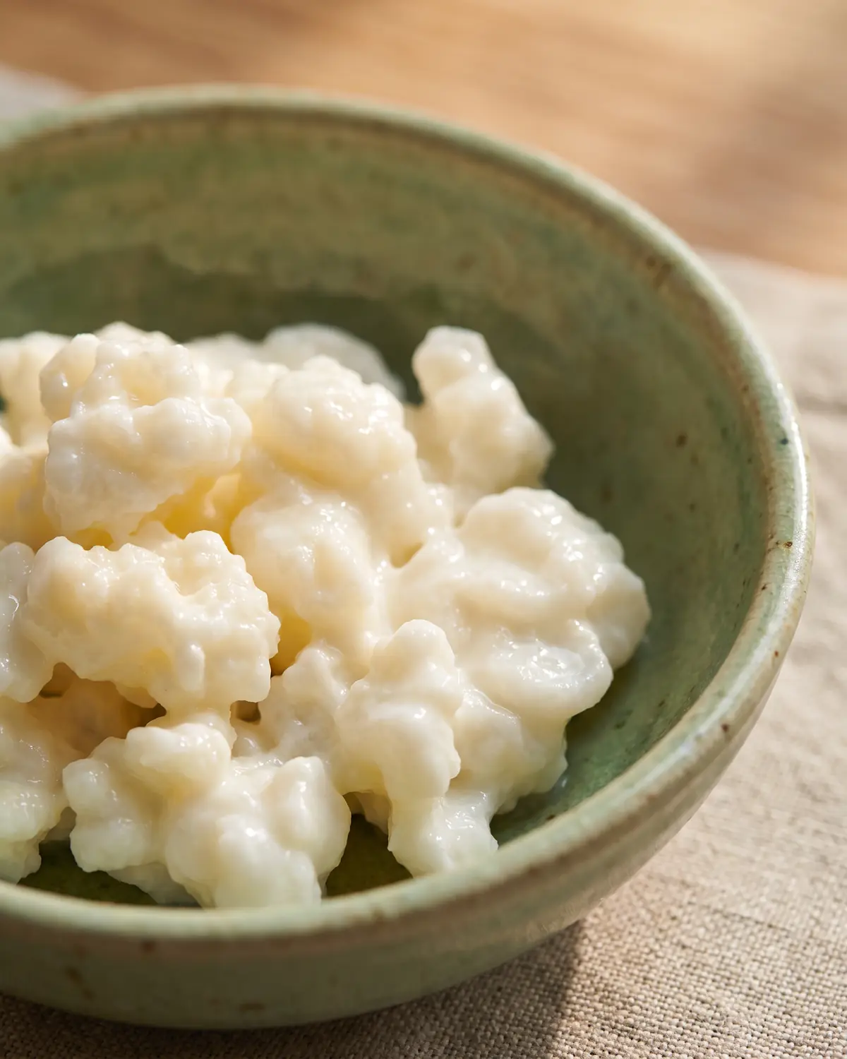 kefir utilisation Macro de grains de kéfir humides aux reliefs de chou-fleur posés sur une céramique vert clair.