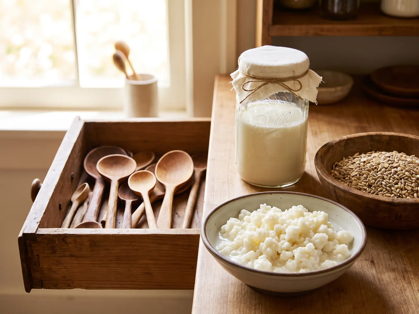 kéfir foie Tiroir de cuillères en bois ouvert, avec un bocal de kéfir et des grains dans un bol à côté.