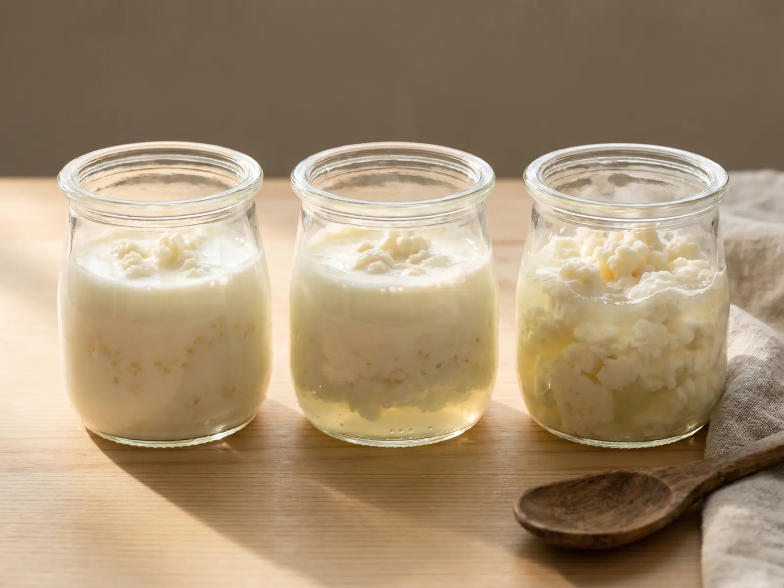 the fermenté bienfaits Trois bocaux de kéfir de lait montrent différentes étapes de fermentation, entre crème et petit-lait.