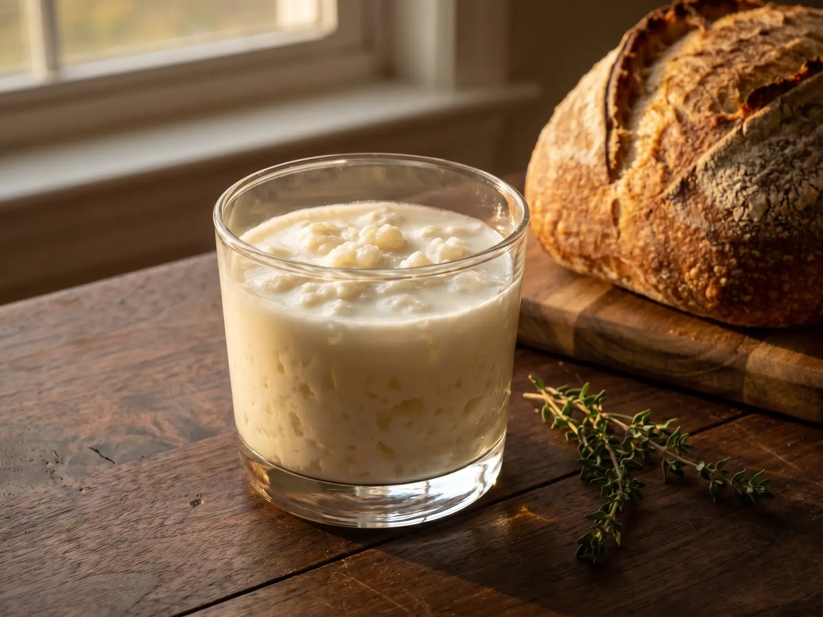 lait fermenté Verre bas de kéfir de lait crémeux sur bois sombre, avec pain rustique, thym et lumière dorée.