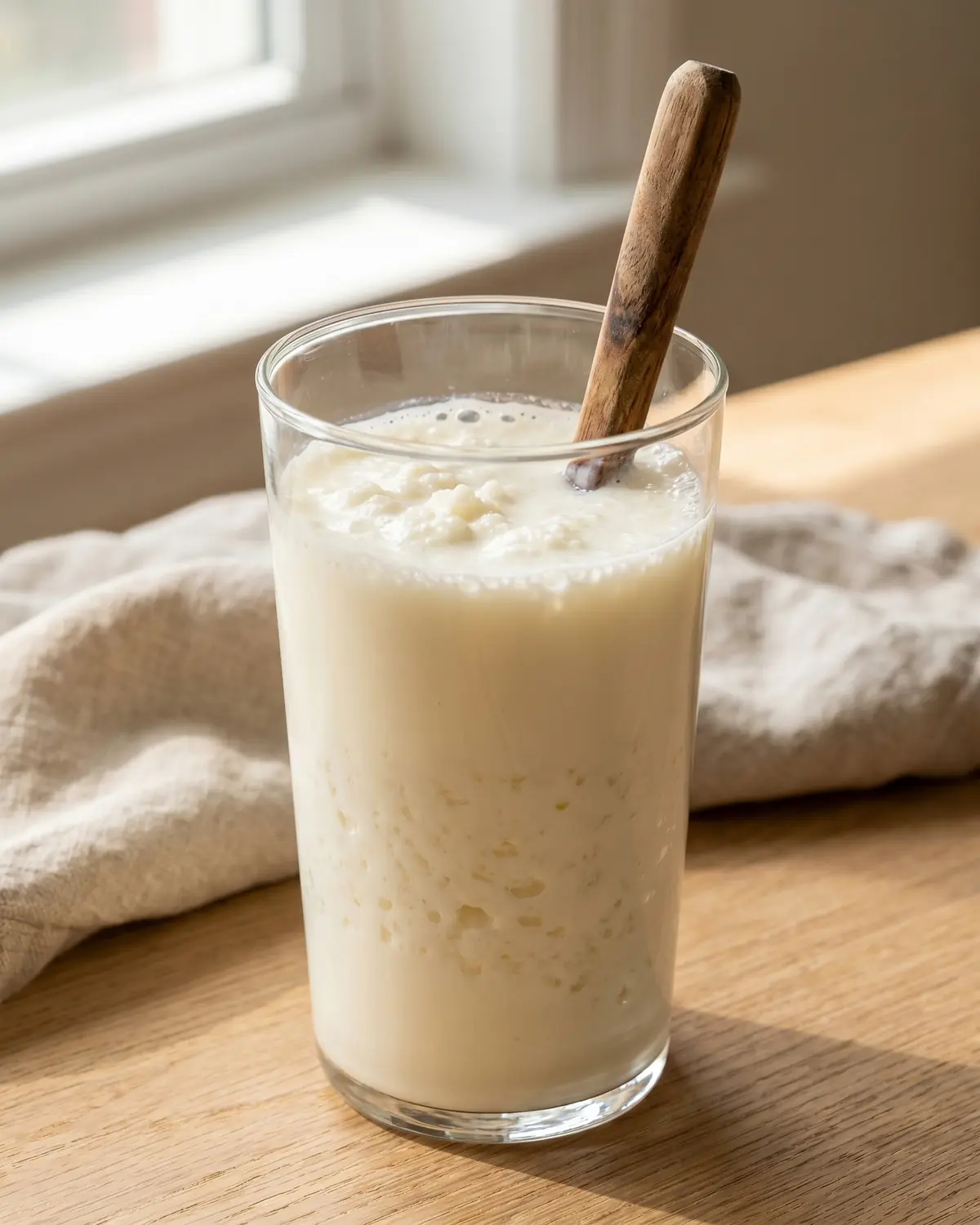boire du kéfir tous les jours Verre vertical rempli de kéfir de lait crémeux, avec une cuillère plongée dans la boisson fermentée.