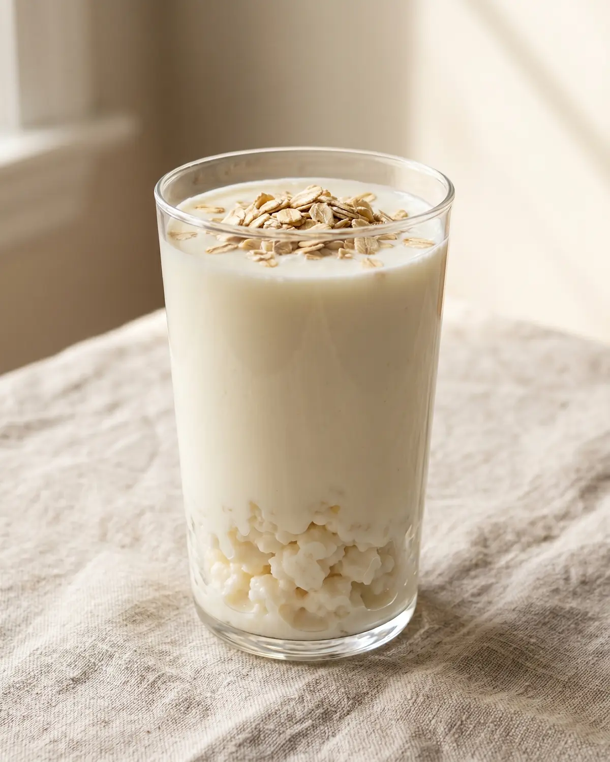 kéfir dépôt blanc Verre haut de kéfir garni de flocons d’avoine, posé sur du lin brut dans une composition épurée.
