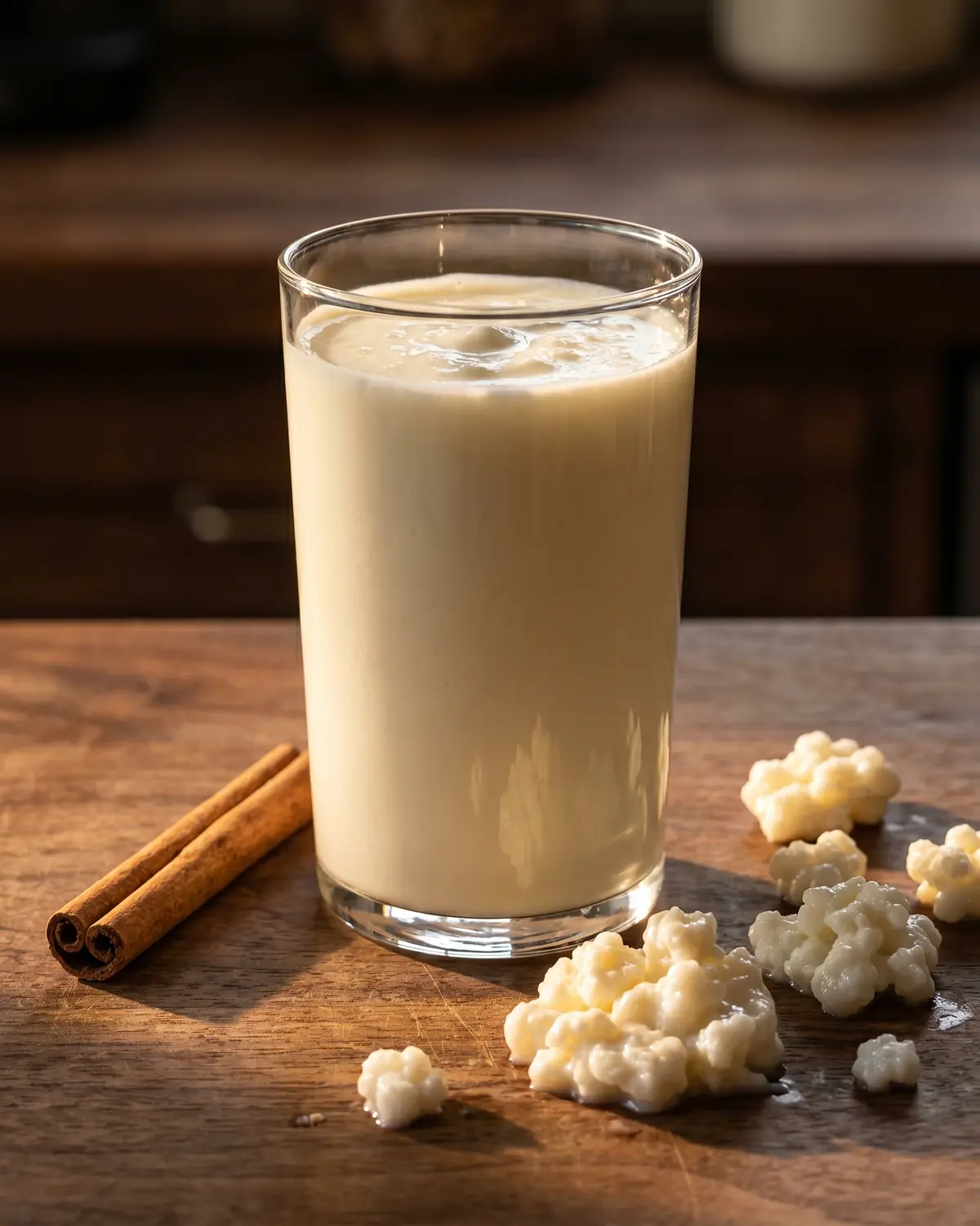 kefir diarrhée Grand verre de kéfir avec un bâton de cannelle, posé sur du noyer dans une lumière dorée douce.