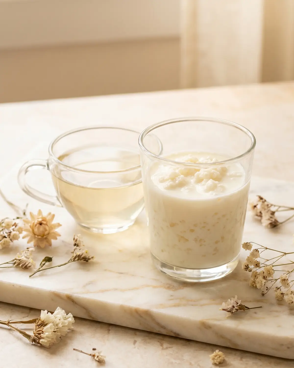 kefir bebe Petit verre de kéfir de lait posé près d’une tasse de thé clair, de fleurs sèches et d’un marbre veiné.