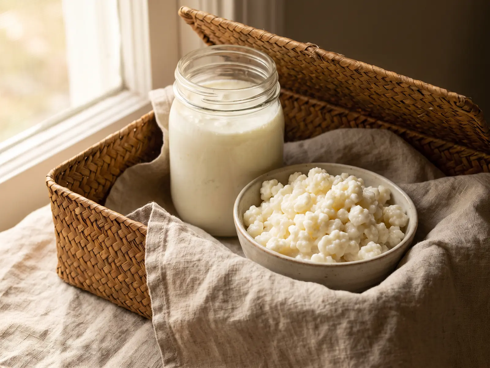Panier ouvert avec un bocal de k&eacute;fir de lait et un bol de grains pos&eacute;s sur un linge froiss&eacute;.