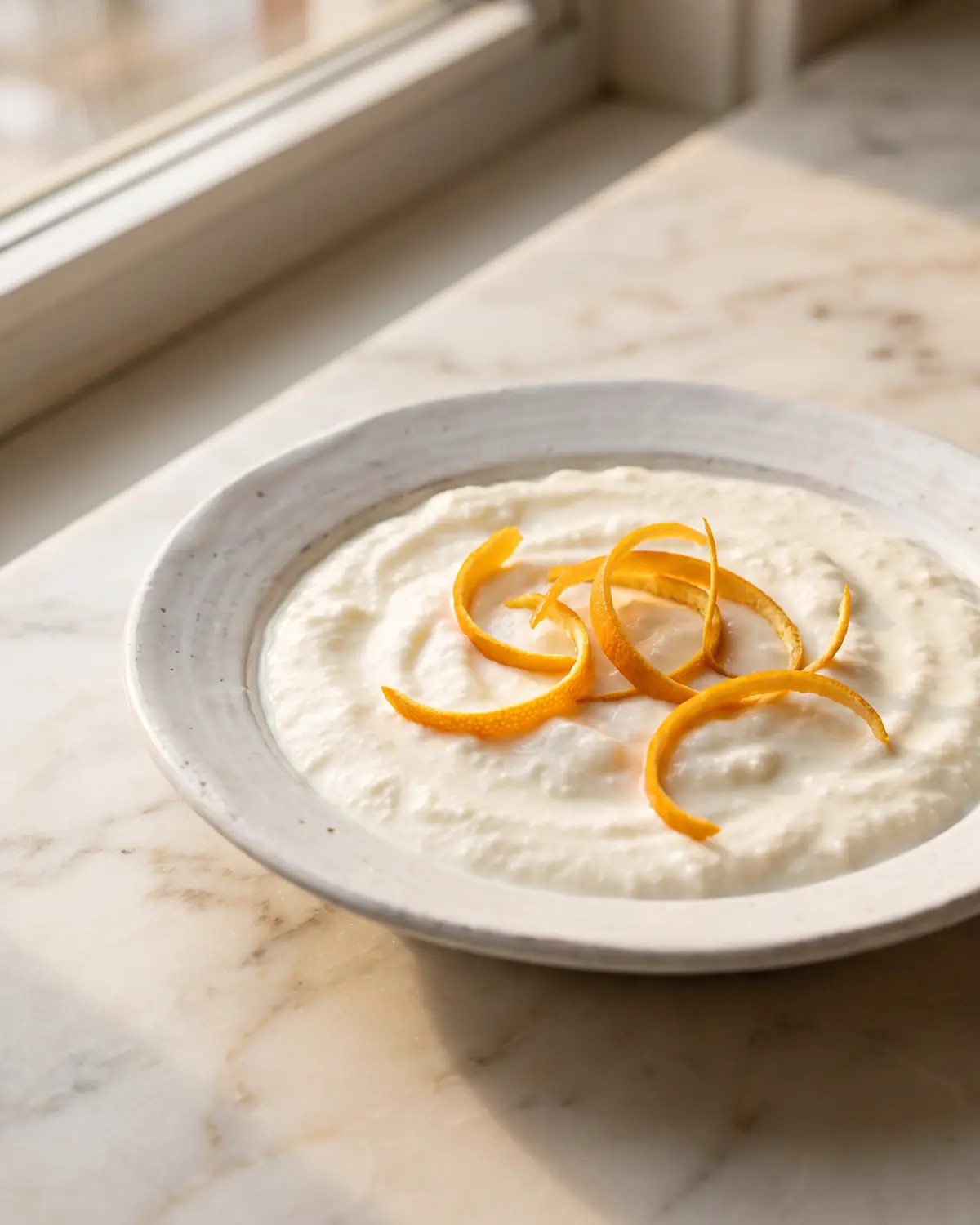 kefir drink Zeste d’orange posé sur du kéfir égoutté dans une assiette blanche, sur un marbre clair.