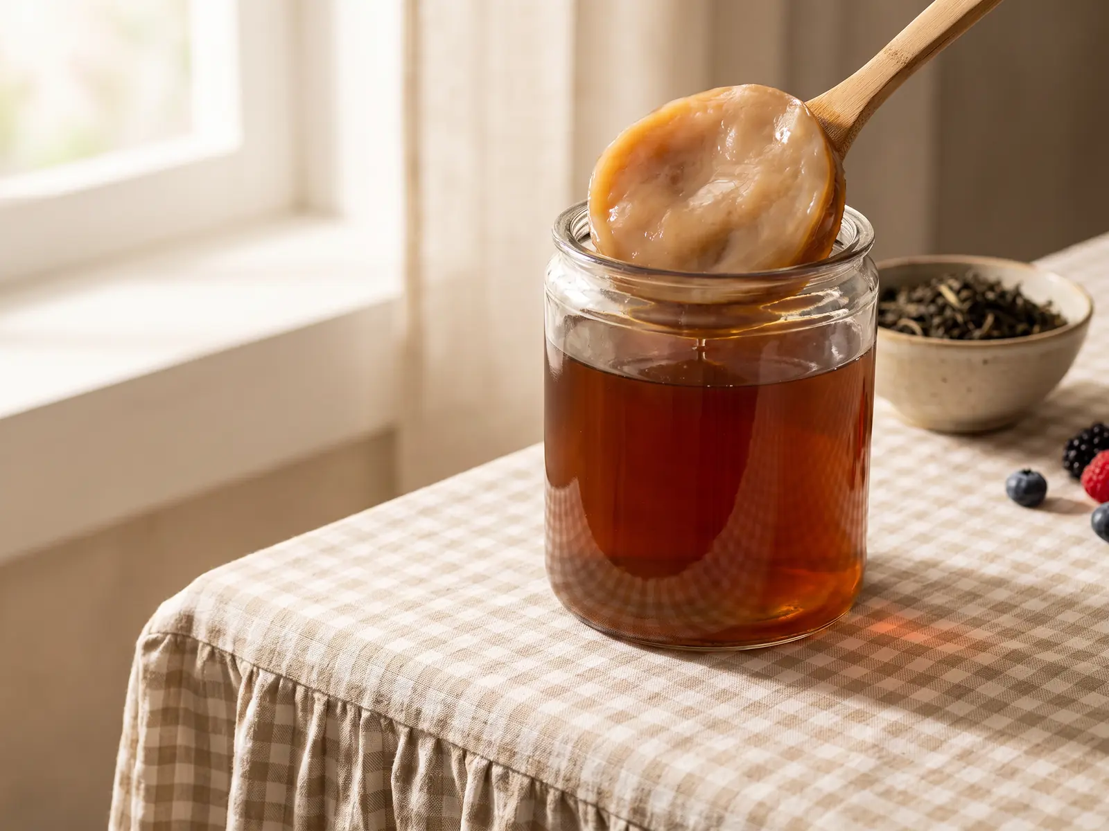 kombucha et grossesse Bocal de kombucha avec SCOBY sur une table ronde au lever du jour, ambiance douce et familiale.