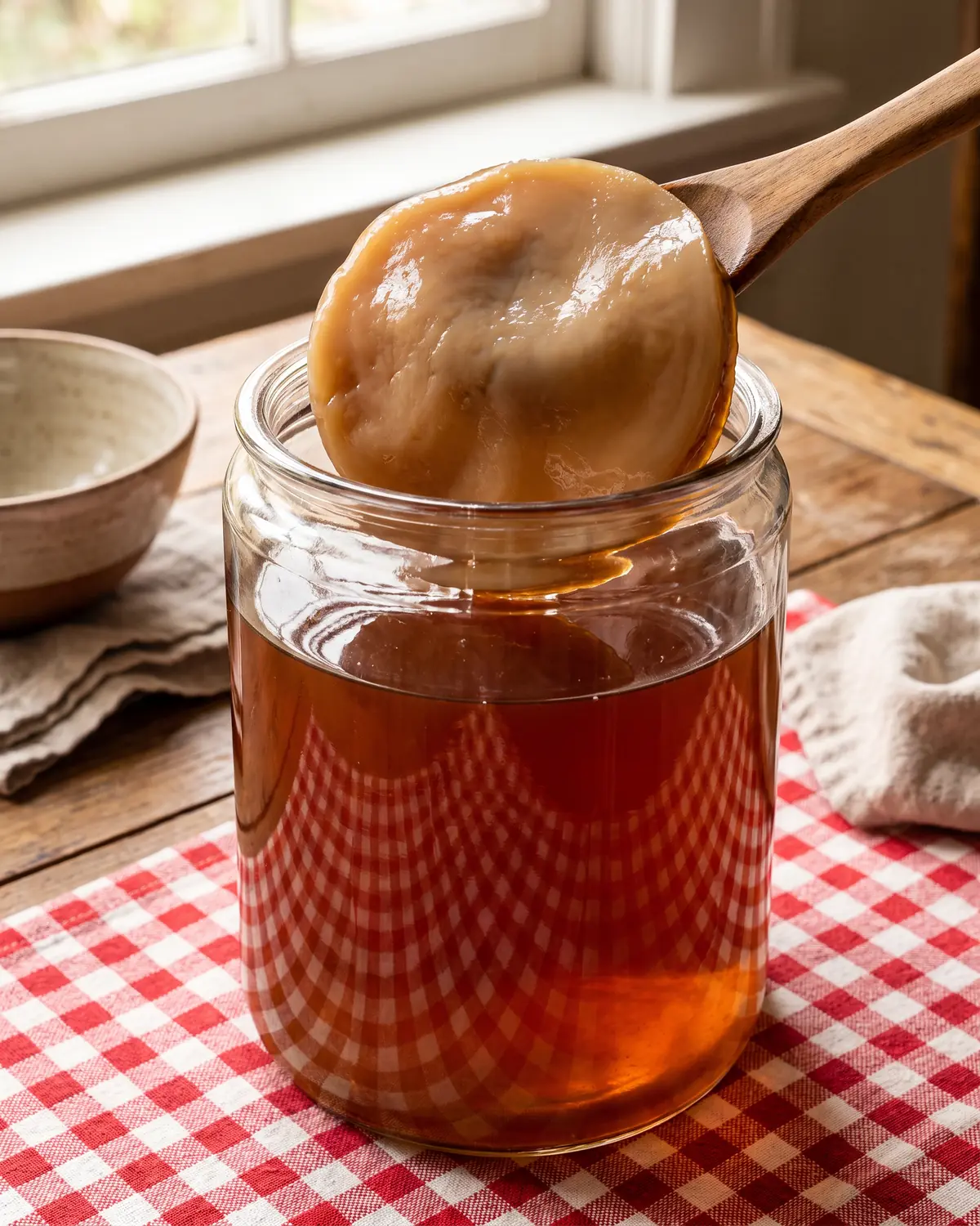 Bocal de kombucha ambr&eacute; vu &agrave; travers le verre, avec reflet de nappe &agrave; carreaux et SCOBY visible.