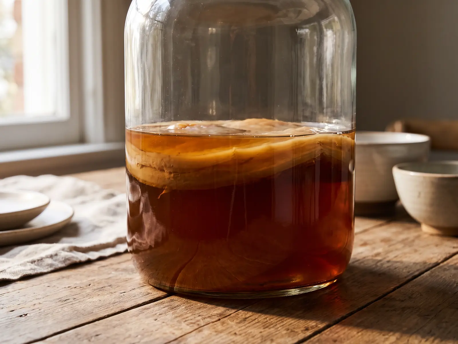 kombucha alcool ou pas Bocal de kombucha ambré vu de près, avec thé fermenté et SCOBY beige à la surface.