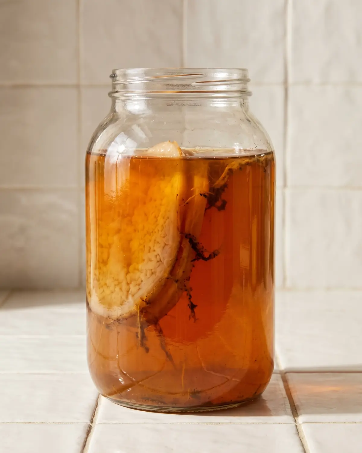 kombucha cultures Bocal de kombucha sur carrelage blanc, avec filaments sombres et disque SCOBY visible dans le liquide.