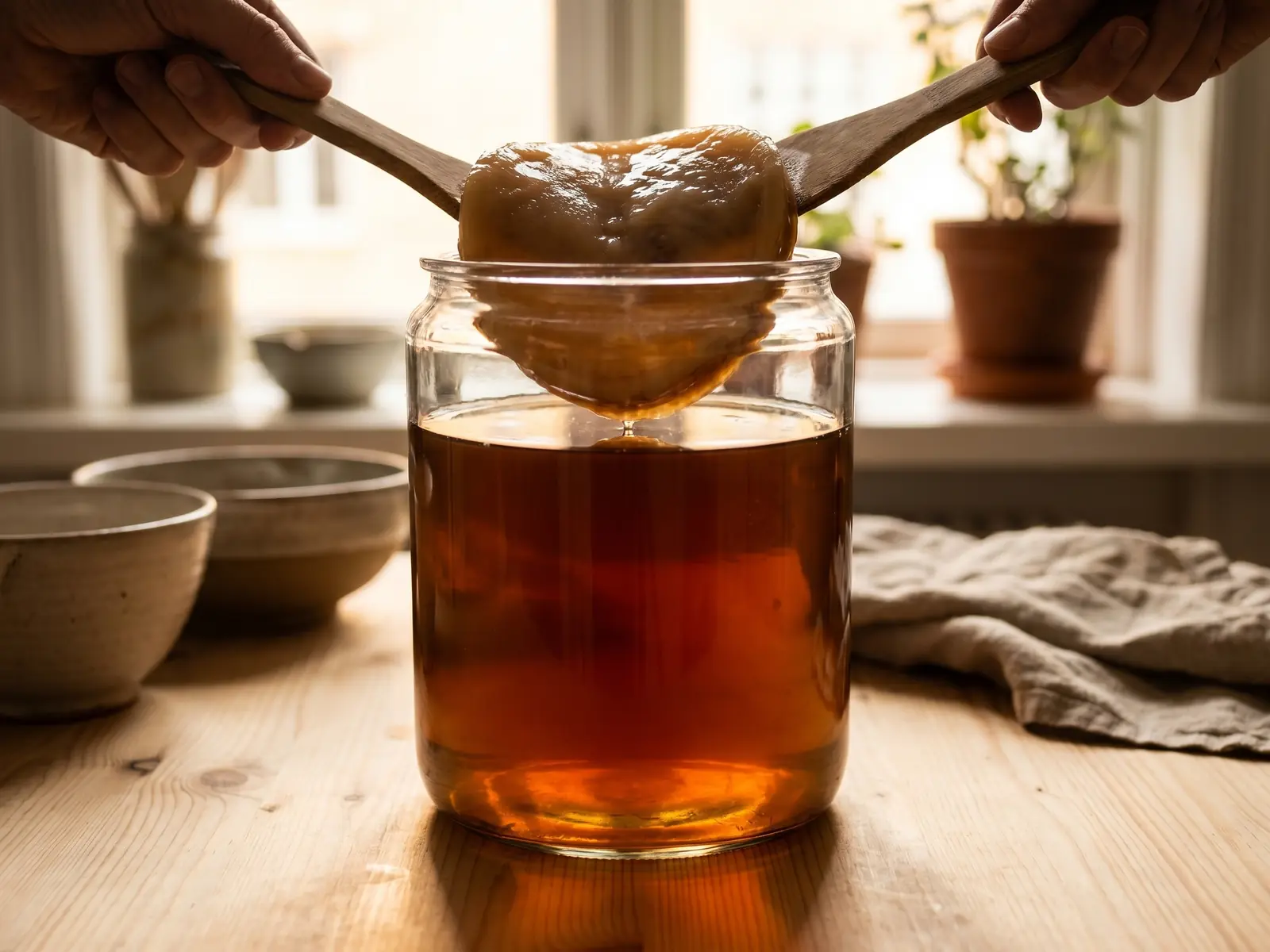 Bocal de kombucha ambr&eacute; avec SCOBY en surface, &eacute;clair&eacute; &agrave; contre-jour par une lumi&egrave;re naturelle douce.