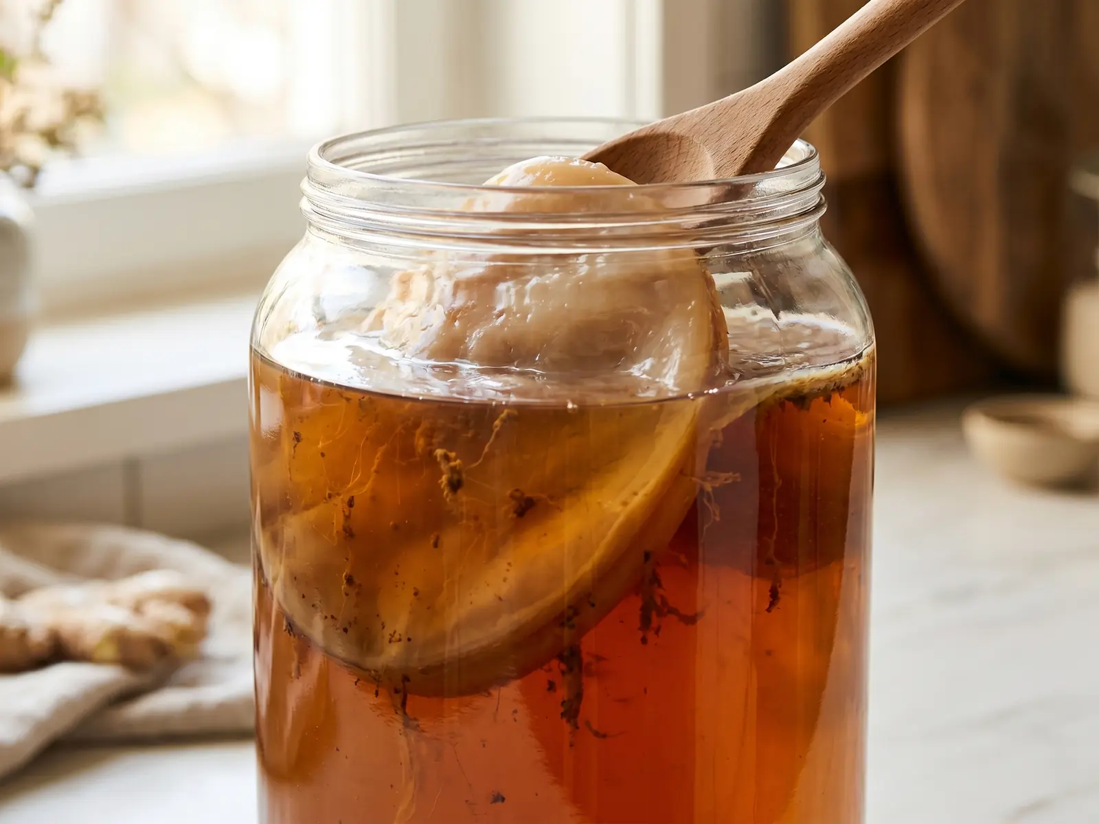 Bocal de kombucha au th&eacute; sombre avec filaments de levure visibles pr&egrave;s d&rsquo;une fen&ecirc;tre en contre-jour.
