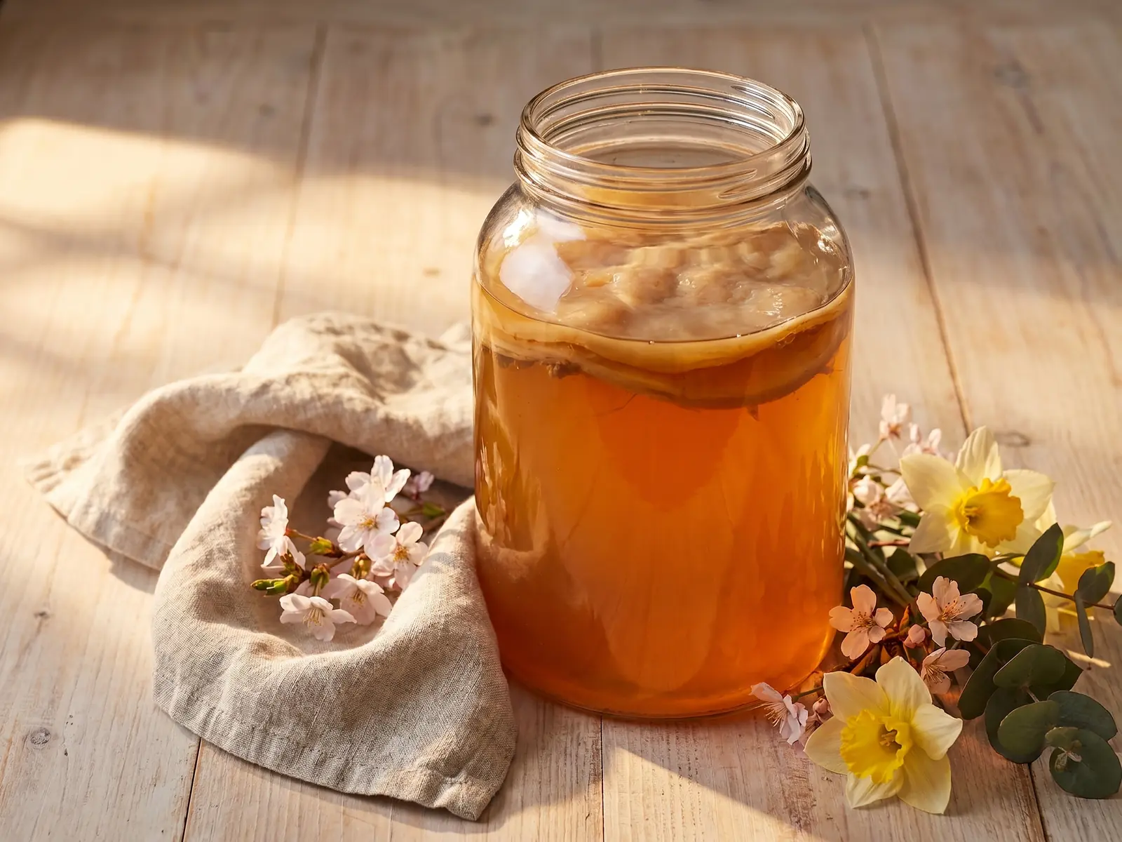 Bocal de kombucha ambr&eacute; pr&egrave;s de fleurs de printemps, sur lin naturel avec une lumi&egrave;re chaude lat&eacute;rale.