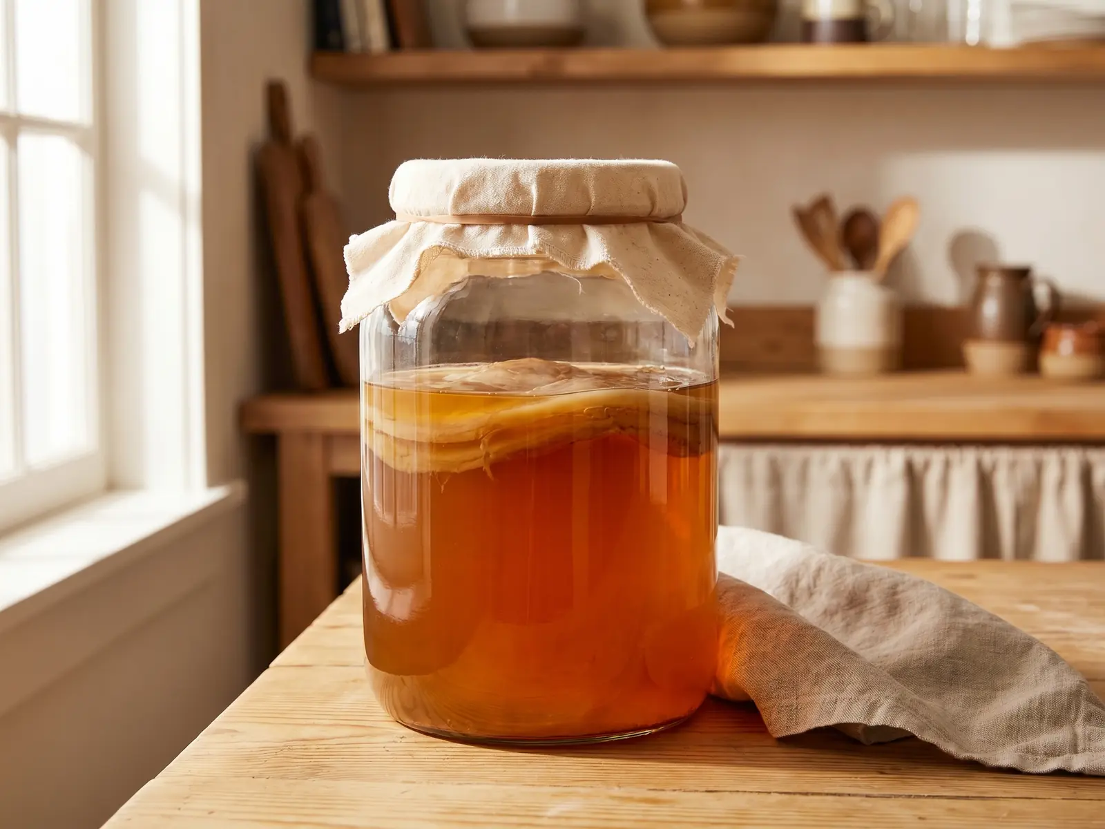 kombucha théine Grand bocal en verre rempli de kombucha ambré avec un SCOBY visible sous une toile attachée