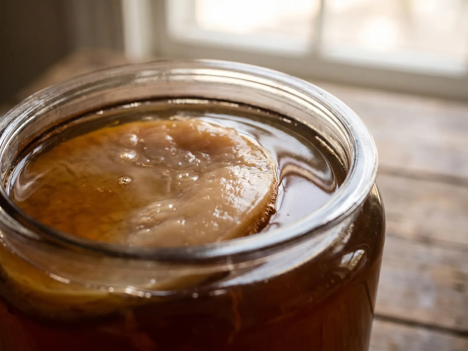 conservation kombucha Bocal de kombucha ambré avec un SCOBY flottant sous la surface et de doux reflets de fenêtre