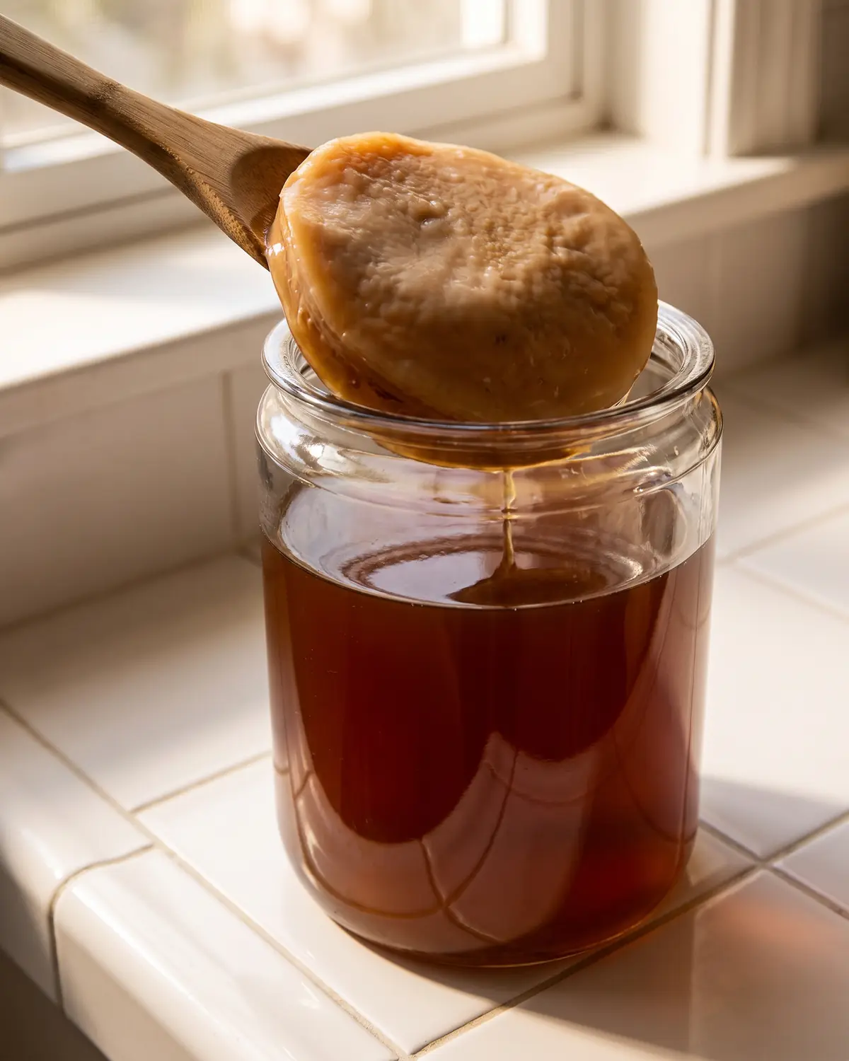 kombucha perte de poids SCOBY beige vu à travers le verre, au-dessus d’un thé sombre reflétant un bord de faïence blanche.