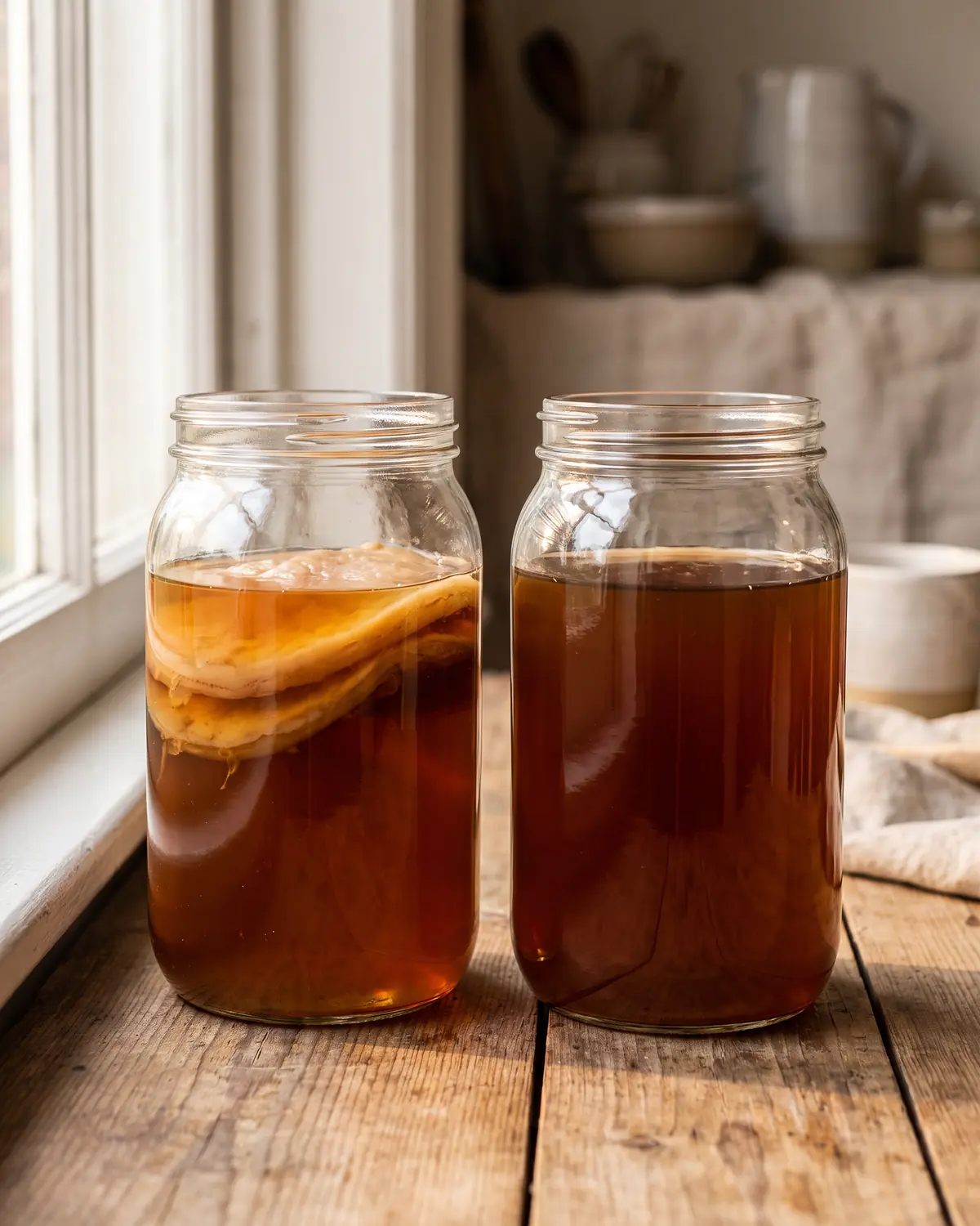 recette kombucha 1 litre Deux bocaux de kombucha ambré avec des SCOBY placés à des hauteurs différentes pendant la fermentation.