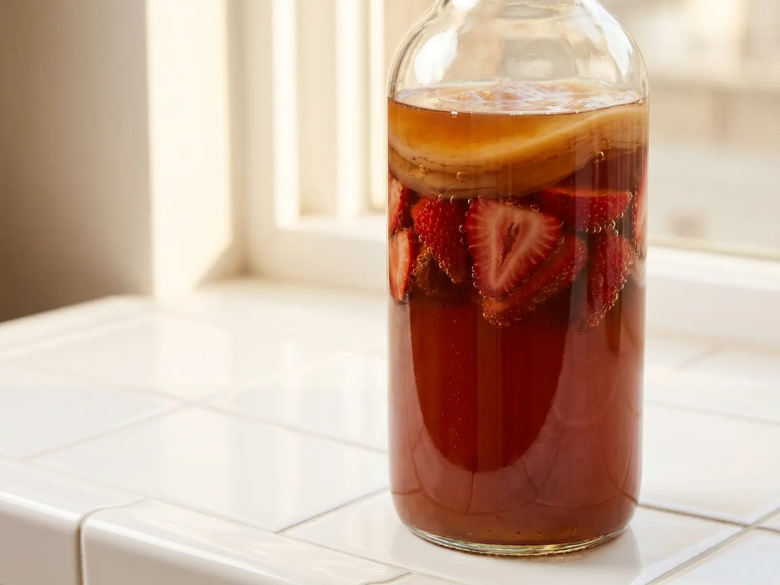 Bouteille de kombucha aux fraises en seconde fermentation, avec fines bulles sur des carreaux blancs.