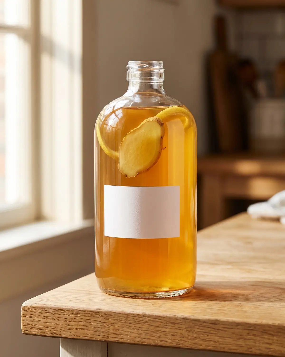 kombucha foie Bouteille de kombucha ambré avec morceaux de gingembre et citron visibles en gros plan