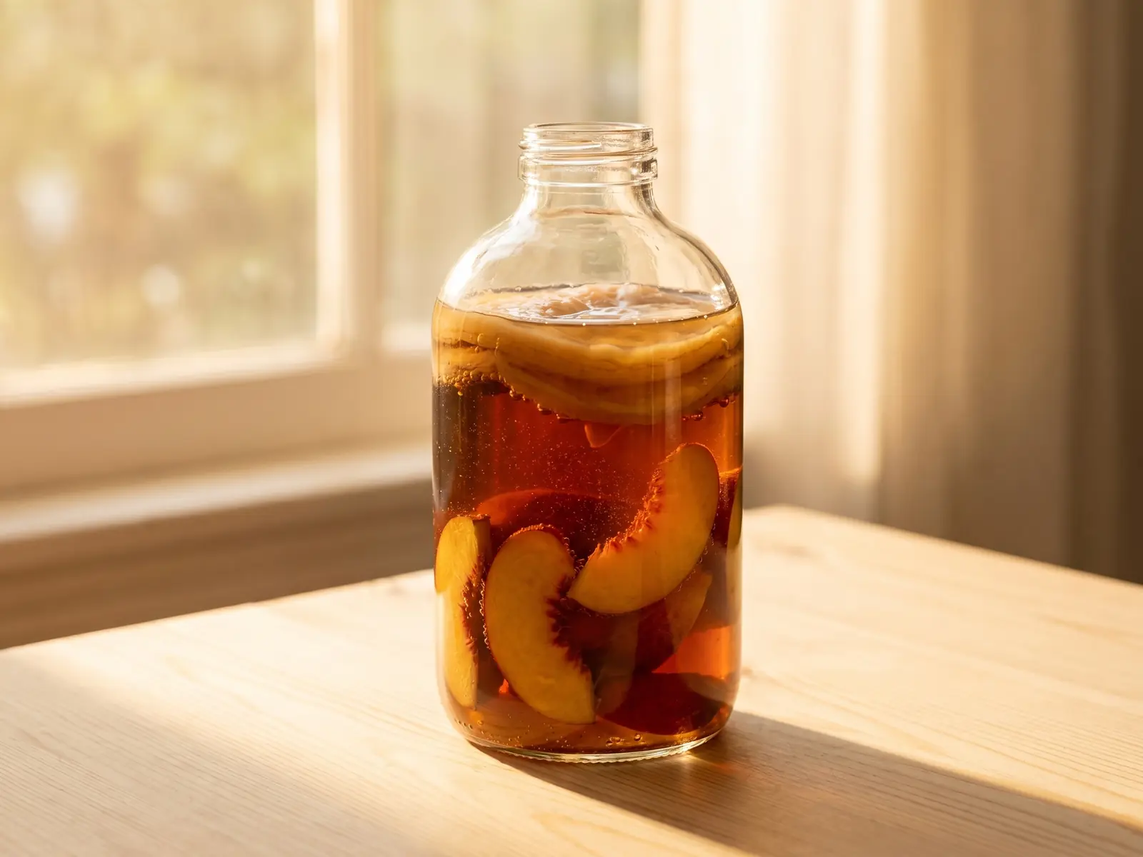 effets kombucha sur foie Bouteille transparente de kombucha au melocoton sur bois clair, éclairée par un doux contrejour d’été.