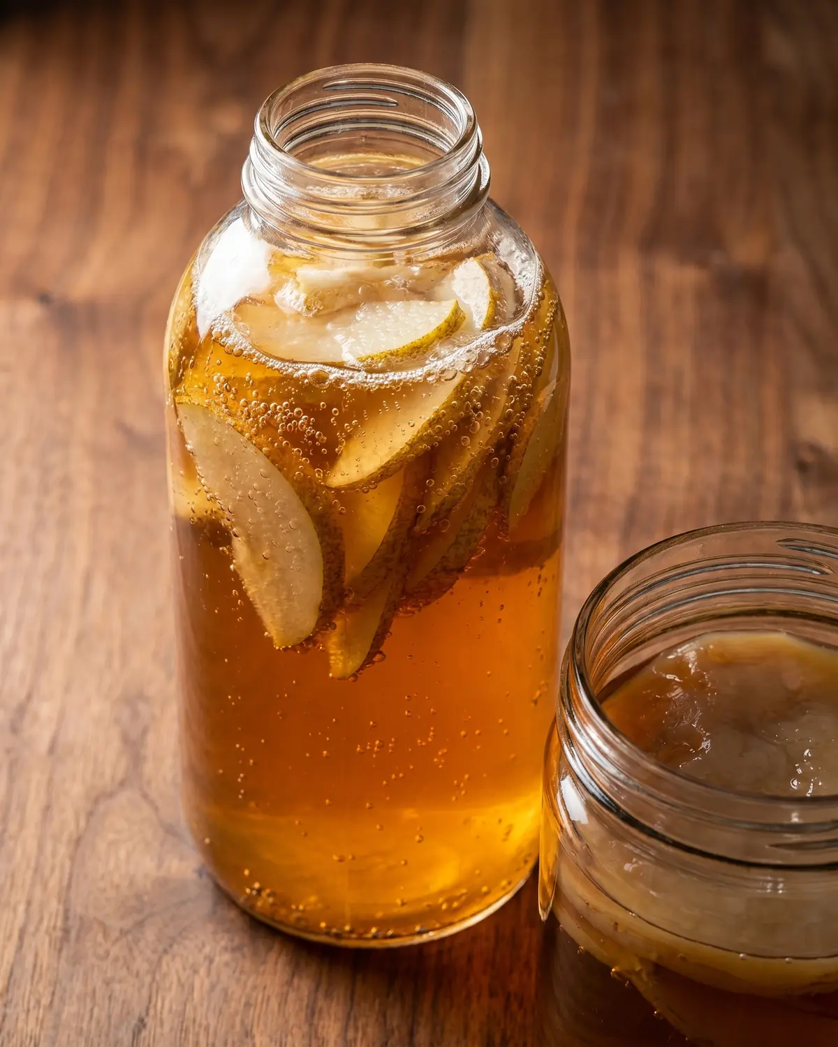 matériel kombucha Bouteille de kombucha avec lamelles de poire, bulles visibles sur le verre et fond en bois de noyer.