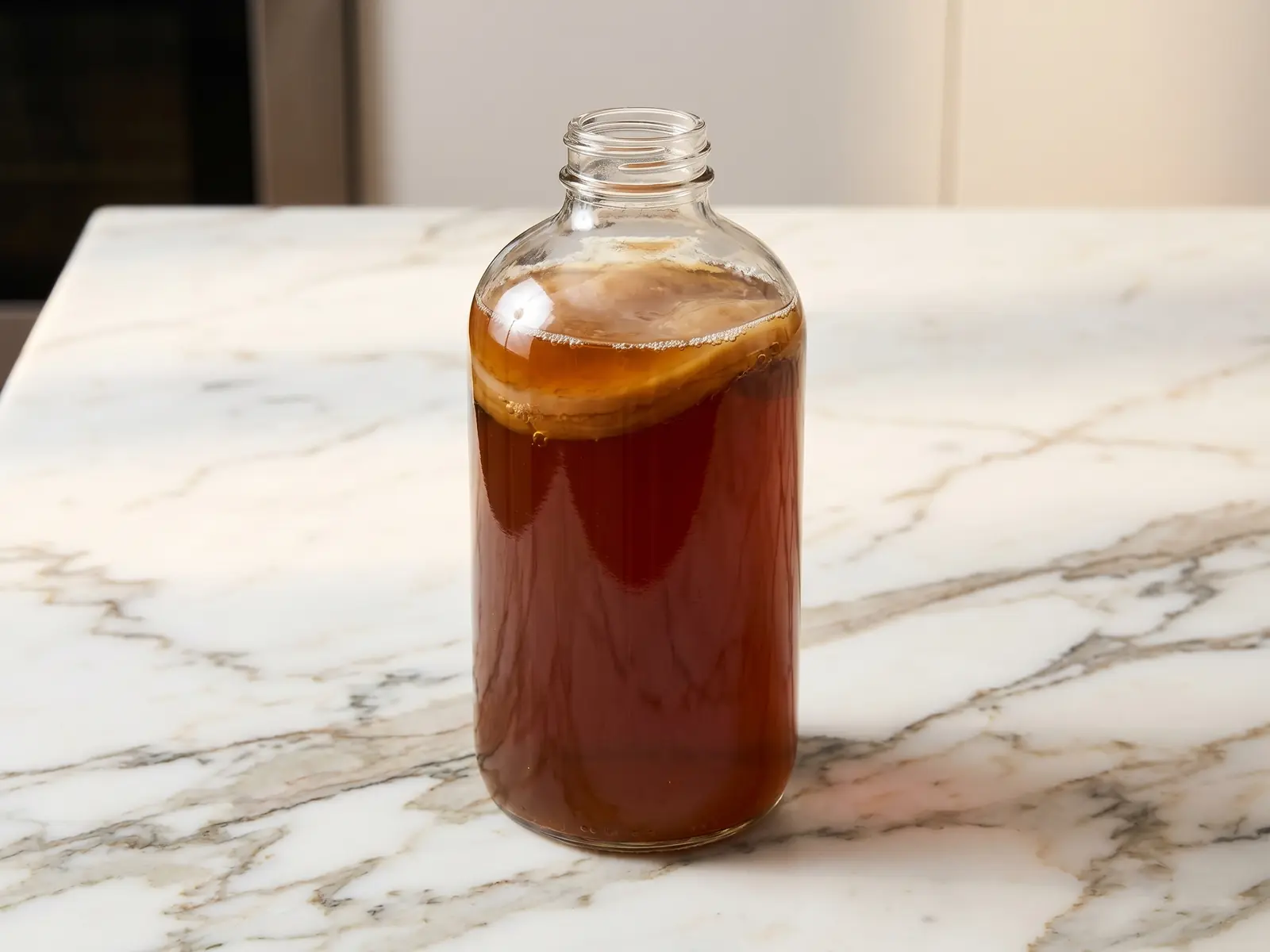 scoby Bouteille de kombucha ambré sur marbre blanc veiné, avec de fines bulles visibles dans le verre.