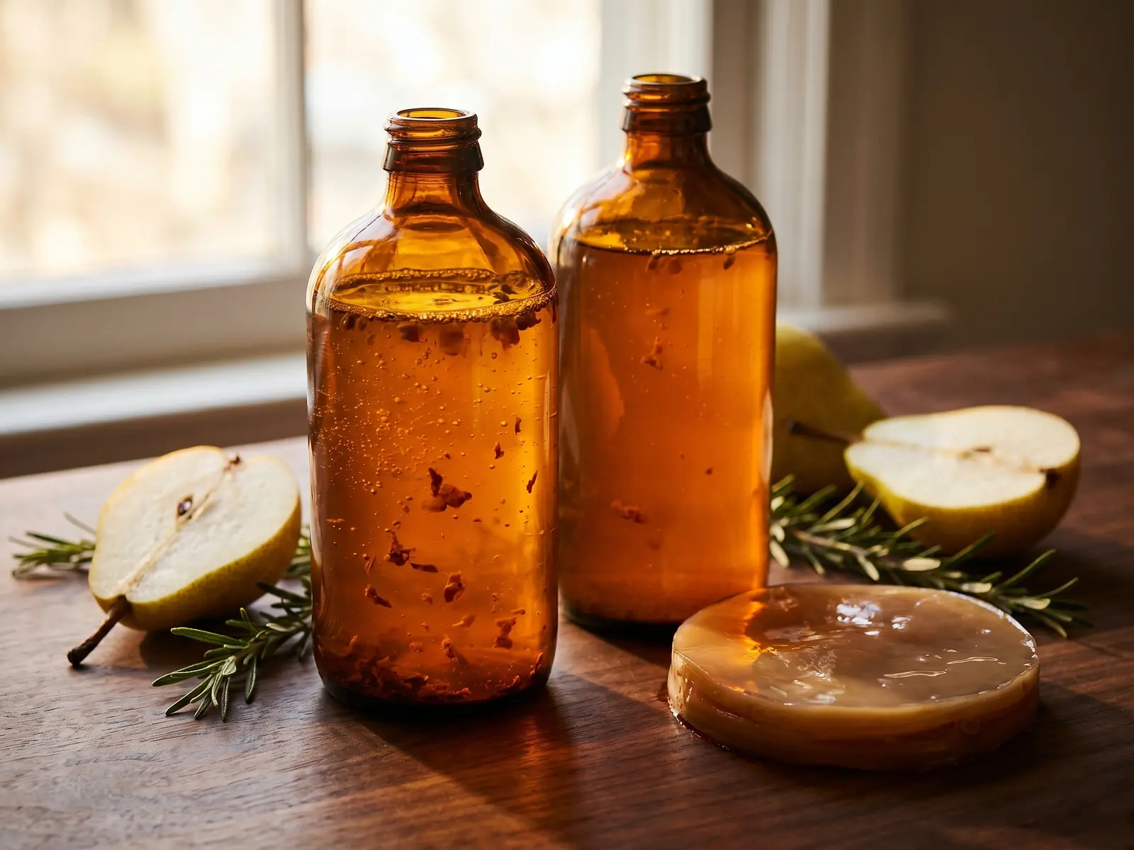 Deux bouteilles de kombucha ambr&eacute; sur bois sombre, avec une poire et du romarin en lumi&egrave;re dor&eacute;e.