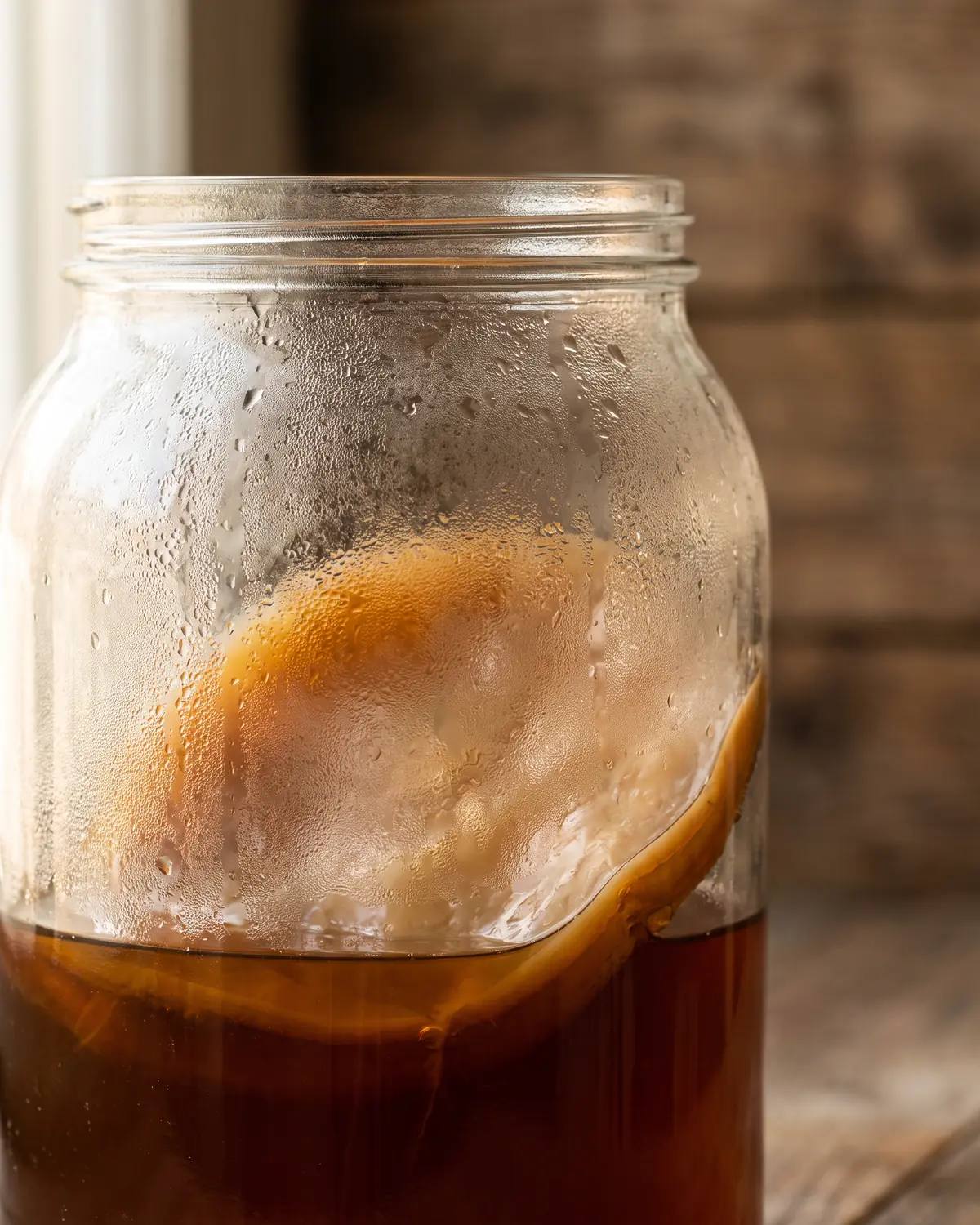 Gros plan sur la bu&eacute;e d&rsquo;un bocal de kombucha avec une forme ambr&eacute;e de SCOBY en arri&egrave;re-plan