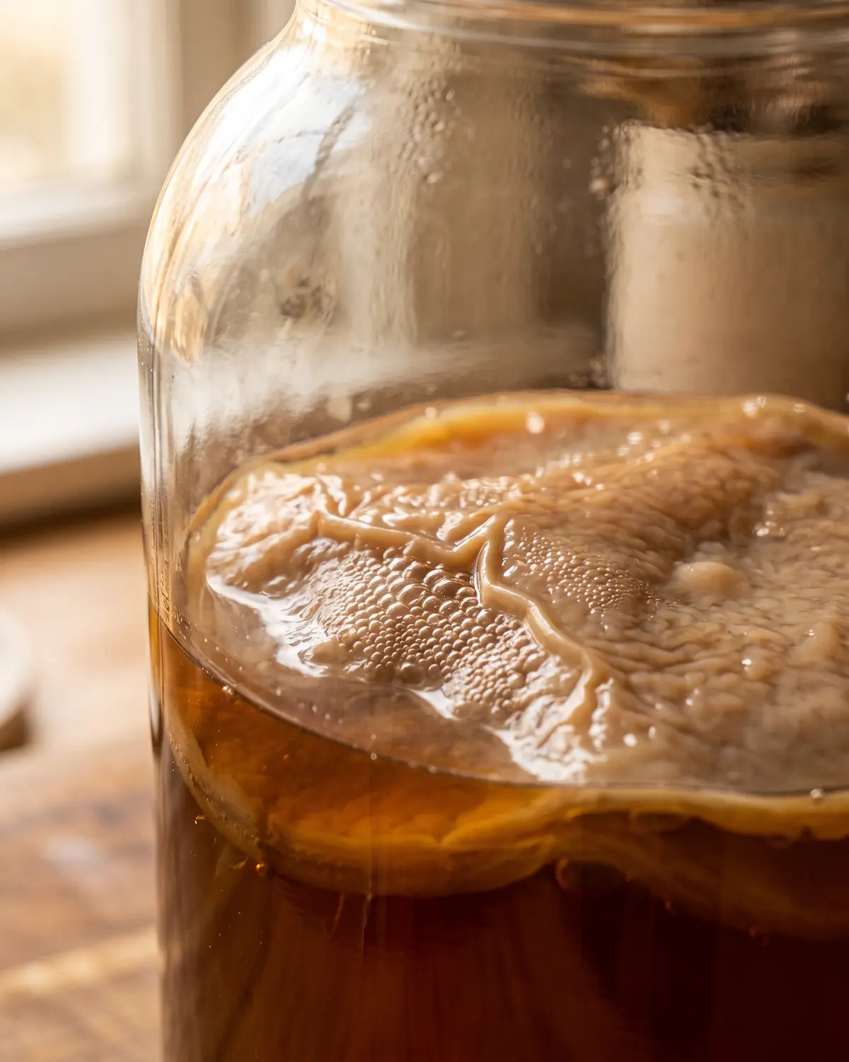 avis kombucha Bulles fines retenues sous un pli de SCOBY beige brun, éclairées par une lumière latérale chaude.