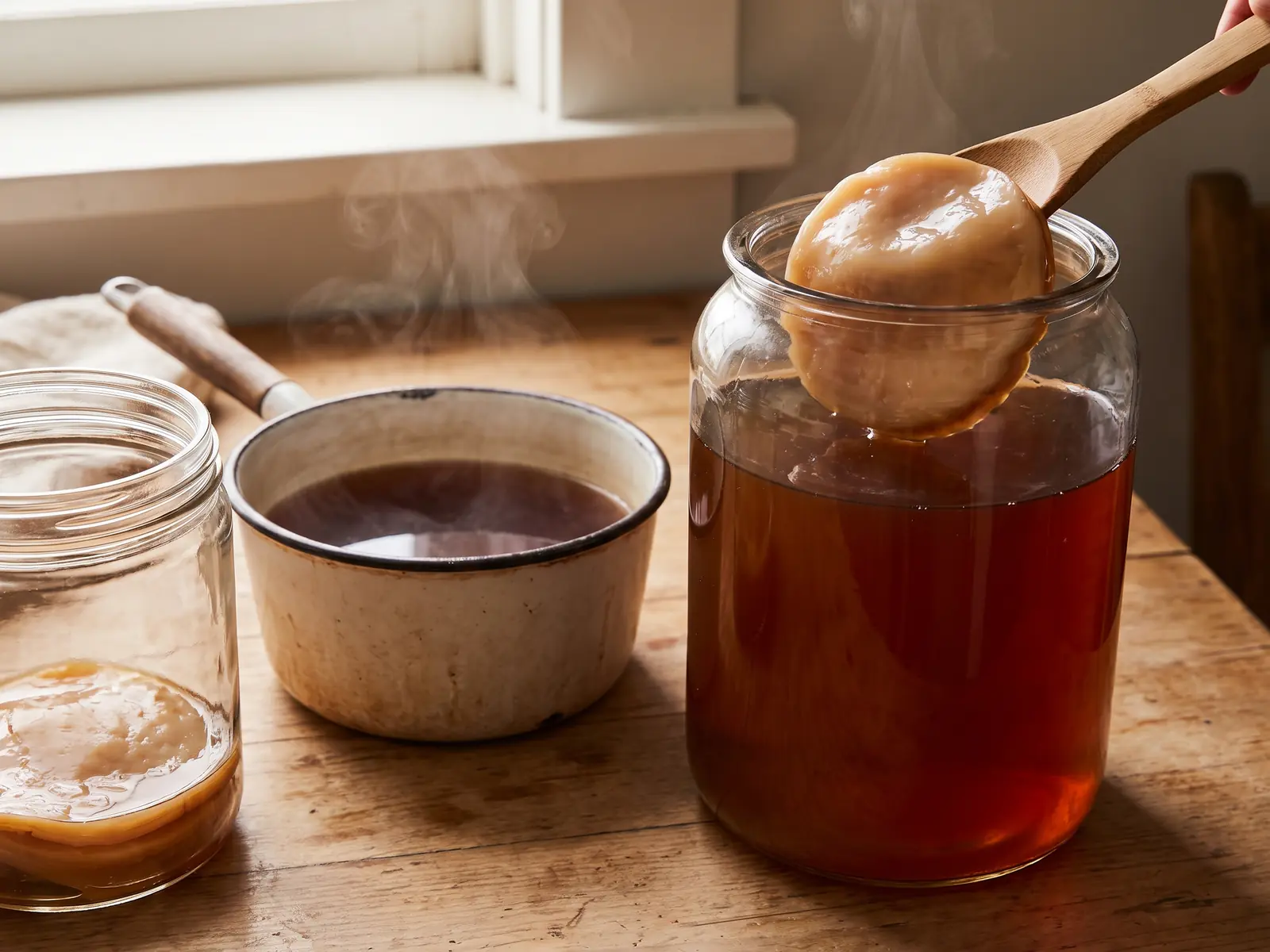 Casserole de th&eacute; sombre en train de refroidir avec un bocal de kombucha et son SCOBY sur le plan de travail