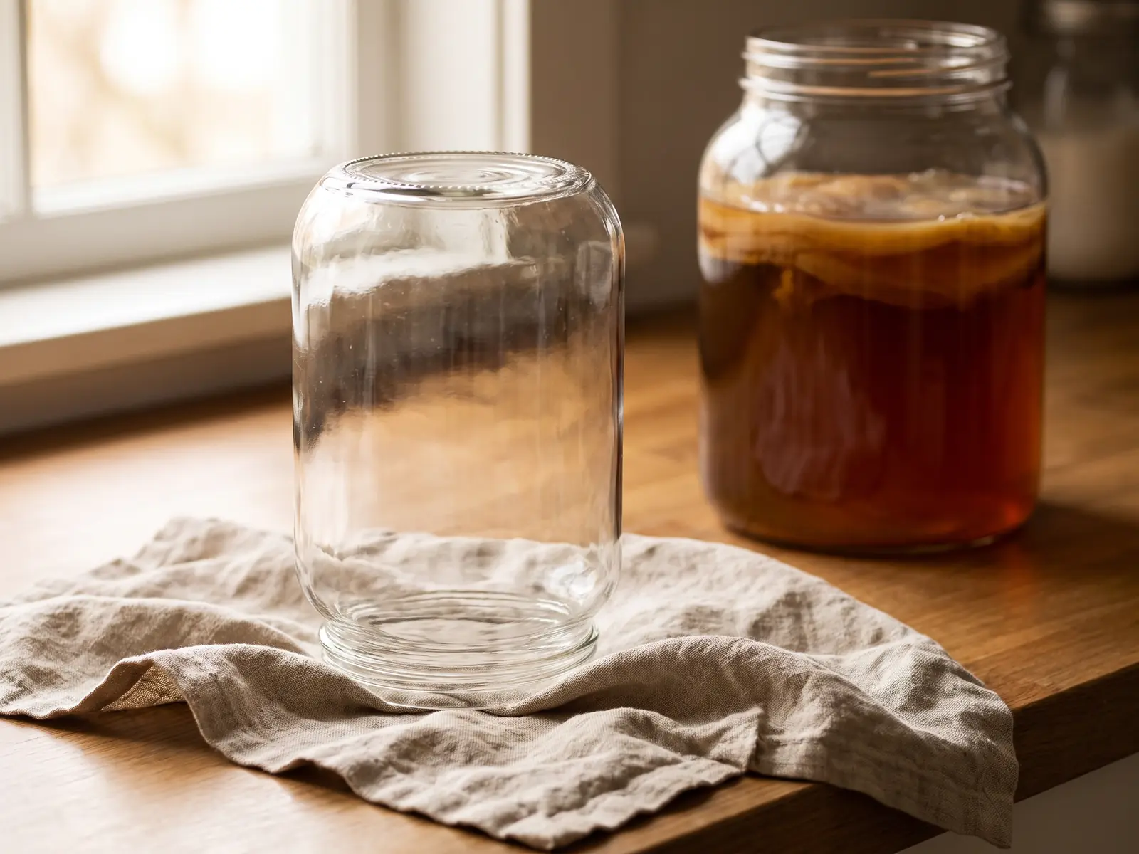 les bienfaits du kombucha pour la santé Coin de préparation du kombucha avec un bocal vide séchant sur du lin et un SCOBY au fond.