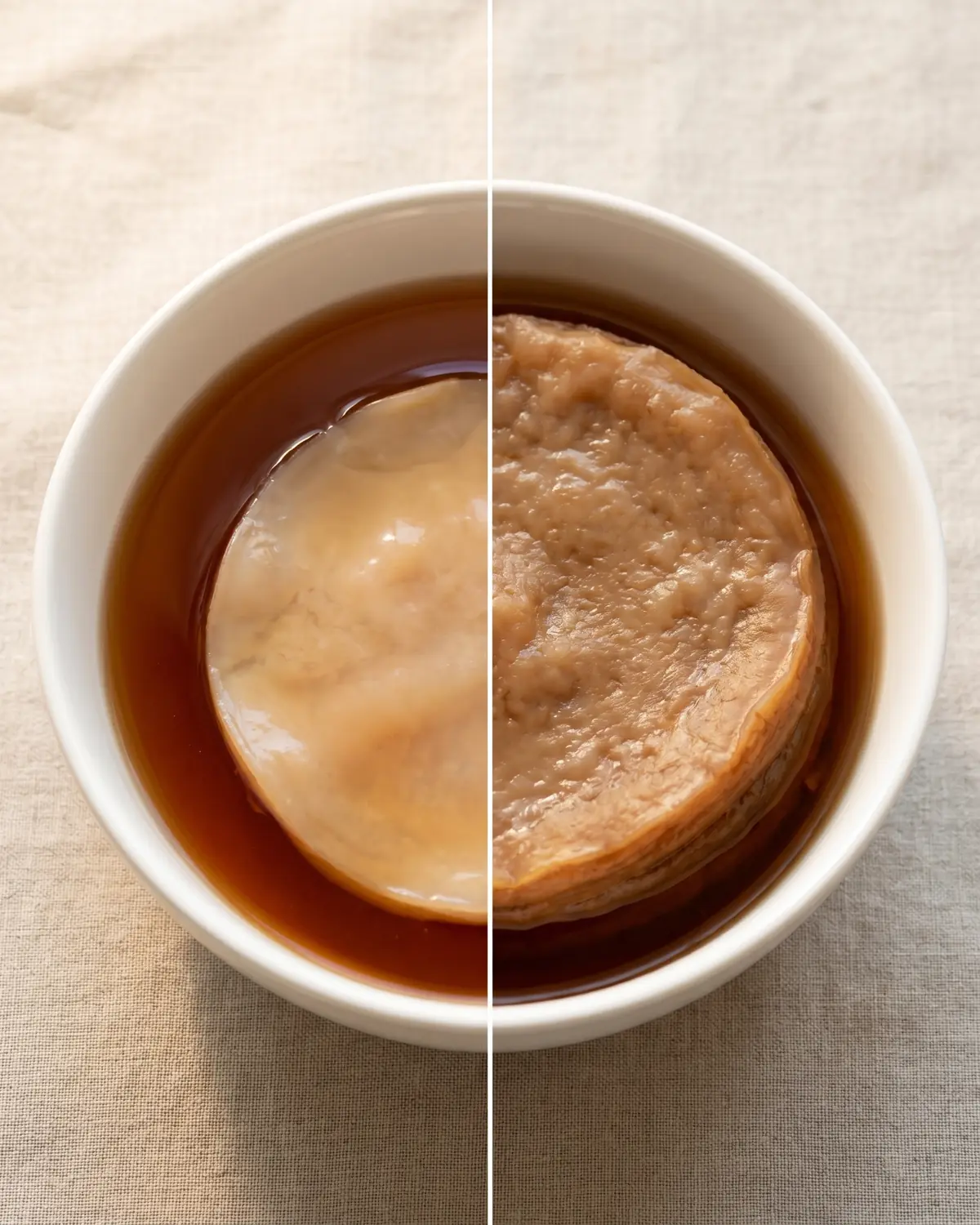 recette kombucha maison Deux mères de kombucha dans des bols blancs montrent l’évolution d’un SCOBY jeune vers une texture plus épaisse.