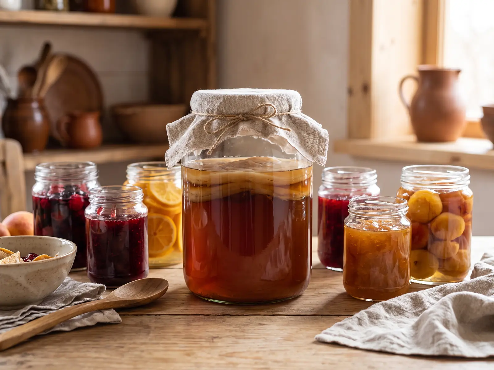 kombucha recette facile Bocal de kombucha avec SCOBY sur une table de conserves maison, fruits et linge en lin.
