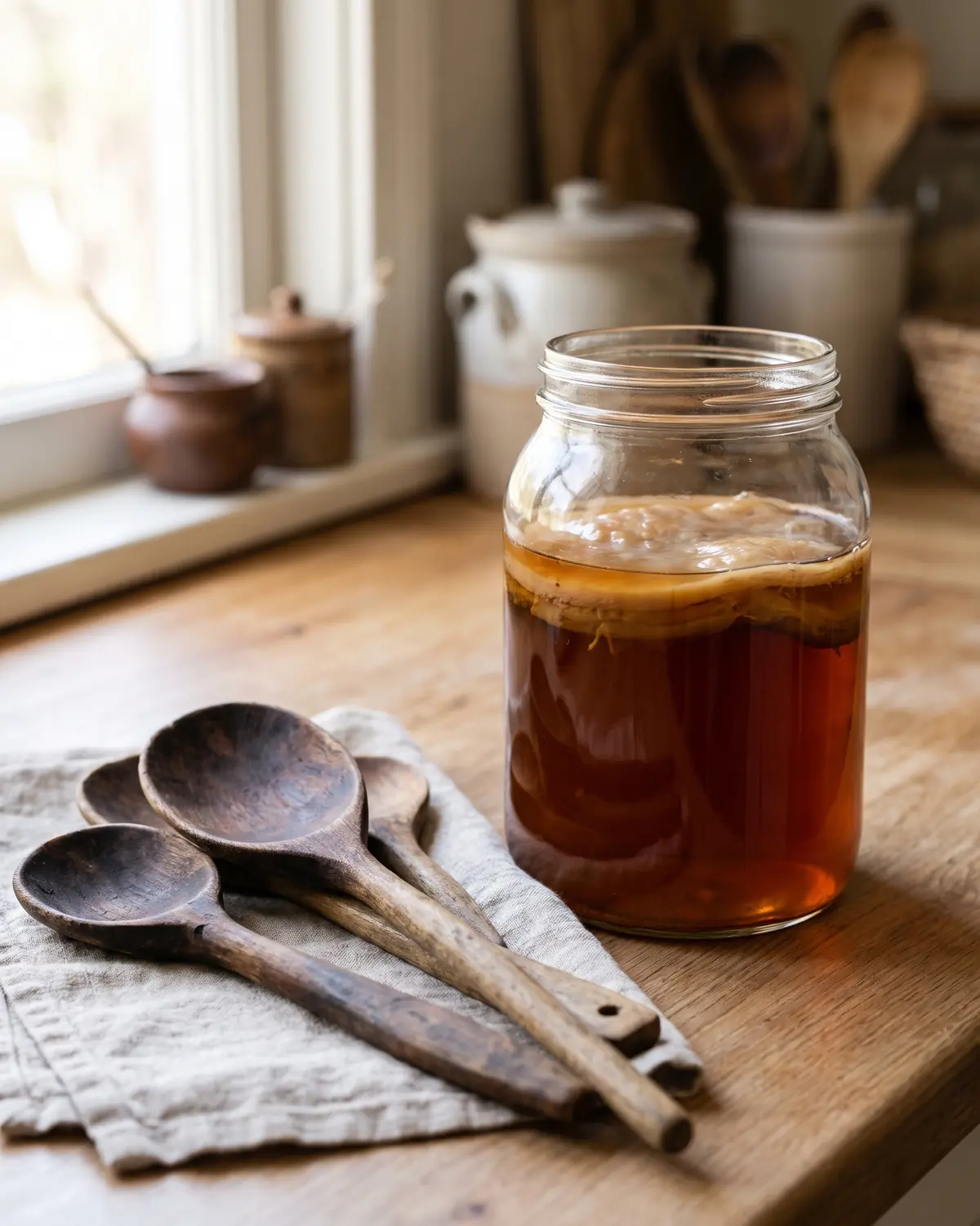 vertue kombucha Cuillères en bois qui sèchent près d’un bocal de thé ambré avec une mère de kombucha en arrière-plan