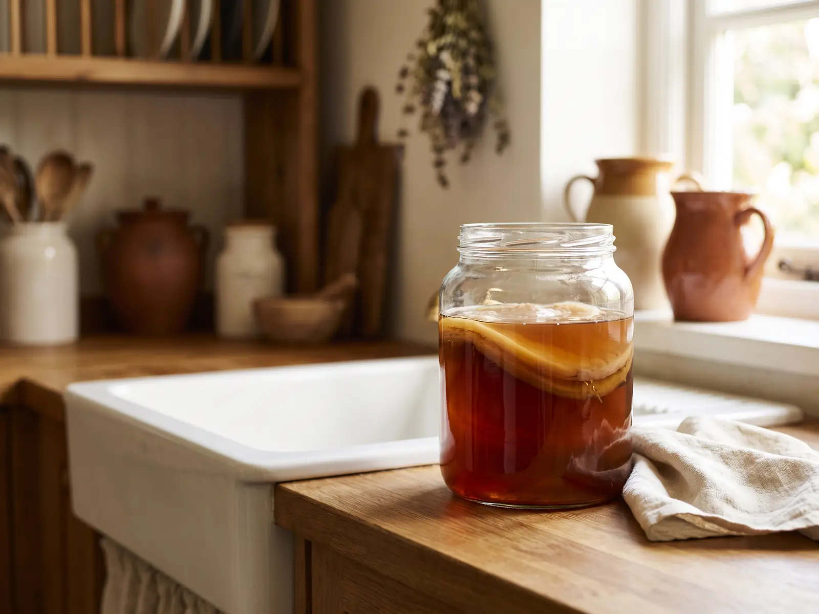 kombucha perte de poids Bocal de kombucha avec SCOBY sur un évier blanc, dans une cuisine simple avec bois et torchon clair.