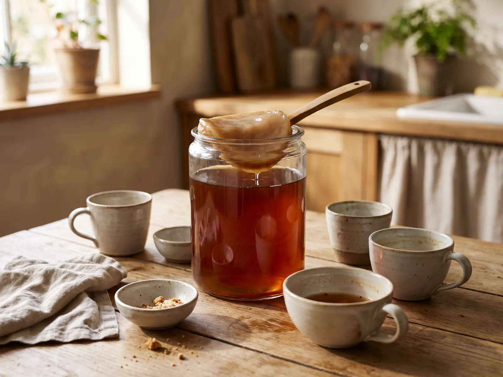 Deux bocaux de kombucha sur une table calme, avec SCOBY visible sous un th&eacute; sombre et des tasses vides.