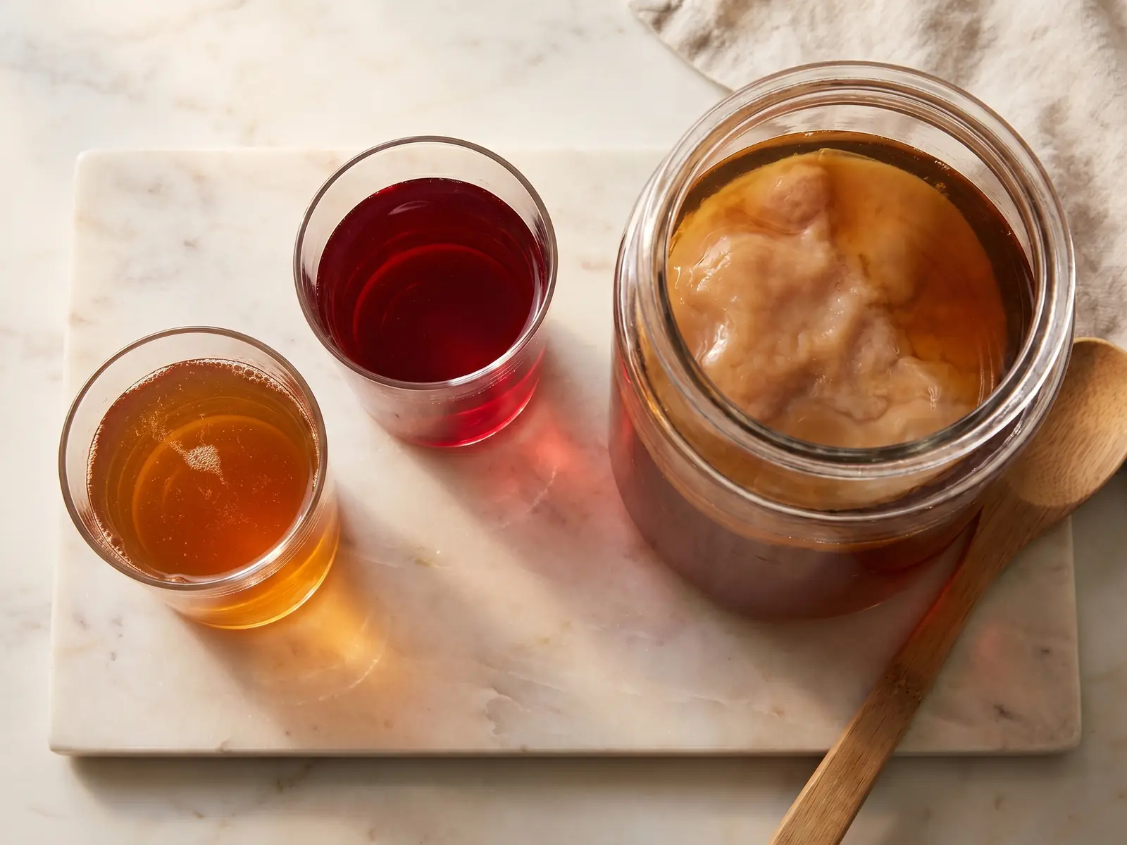 kombucha et constipation Deux verres de kombucha, l’un ambré et l’autre à l’hibiscus, posés sur du marbre clair.
